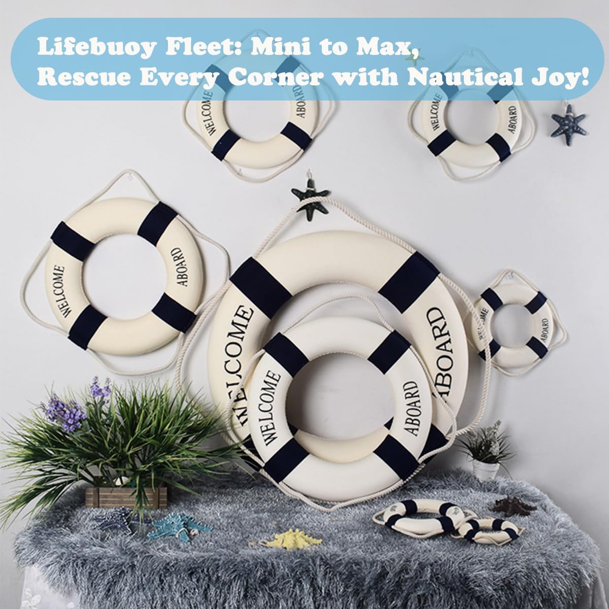 MorroMorn Lifebuoy Wall Hanging Decor - Welcome Aboard Mediterranean Style Home Decoration (Navy, 18")