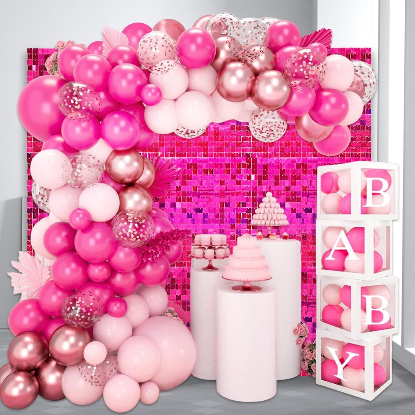 24PCS Fuchsia Shimmer Wall Backdrop, Laser Square Sequin Photo Backdrops Panel, Glitter Wall Background for Birthdays, Weddings, Christmas, Engagements, Disco Bachelorette Party Decoration (4FTx6FT)