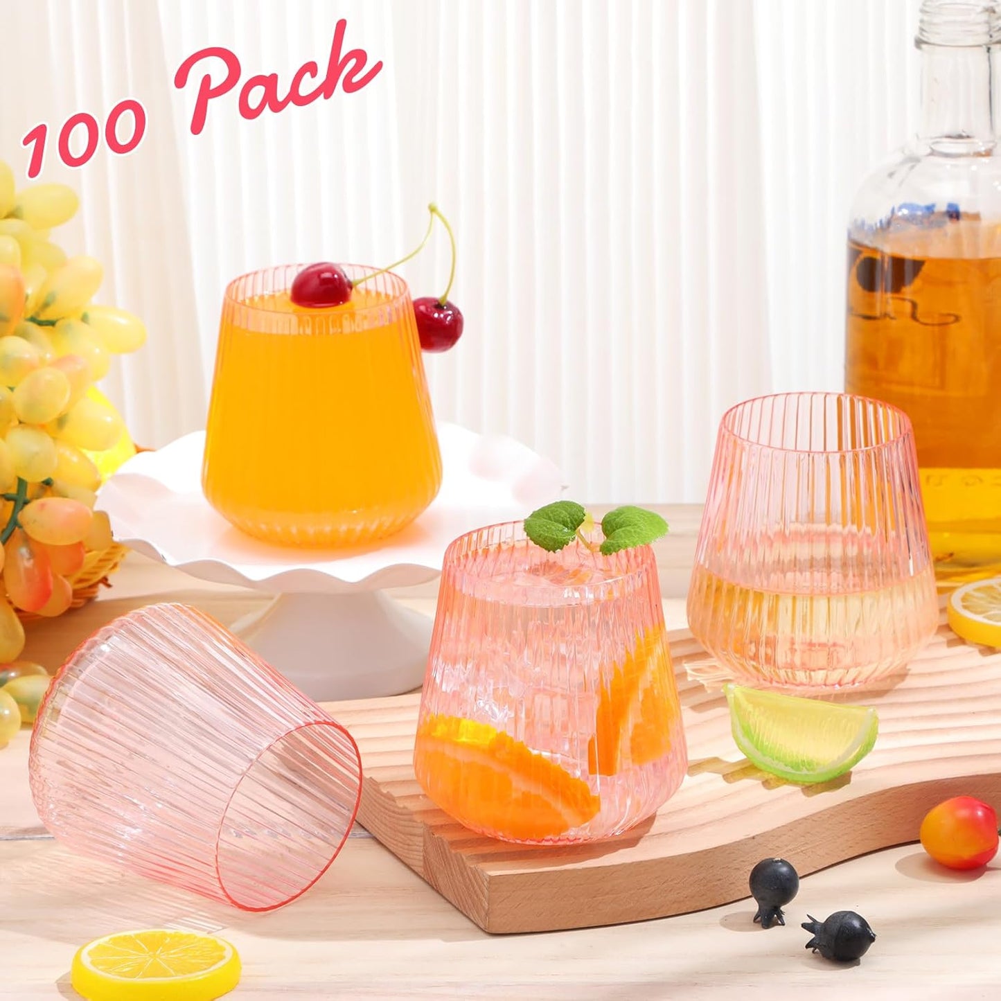 Suclain Plastic Wine Glasses Ribbed Stemless Wine Glasses 14oz Vertical Design Unbreakable Cups for Outdoor Indoor Vintage Elegant Champagne Whiskey Cups for Party Wedding(Pink,100 Pcs)