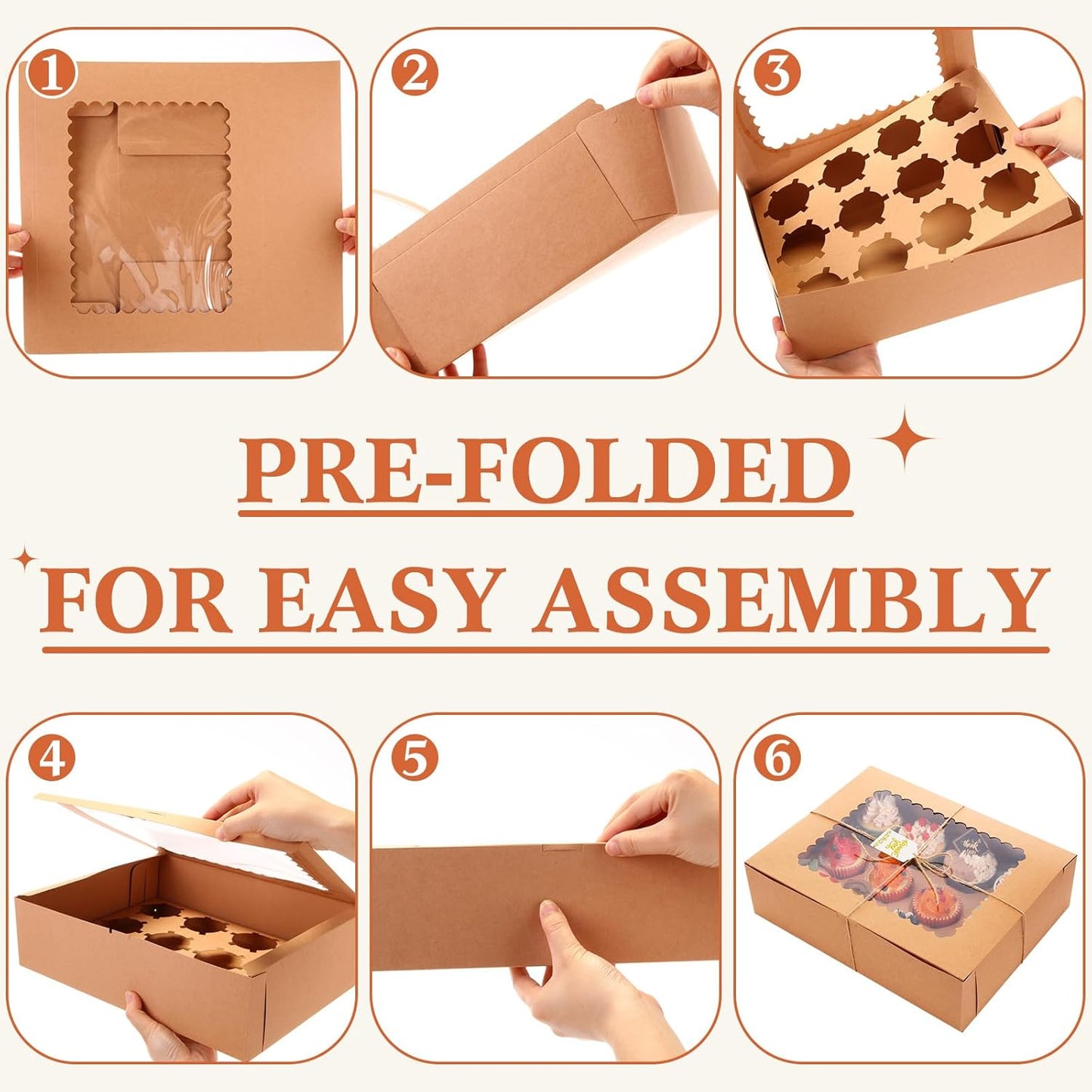 36 Pack Cupcake Boxes Hold 12 Standard Disposable Cupcake Containers with Window and Insert Cupcake Carrier with Thanks Card and Jute Rope to Muffins Cupcakes Cookies Gift Wrapping (Nature)