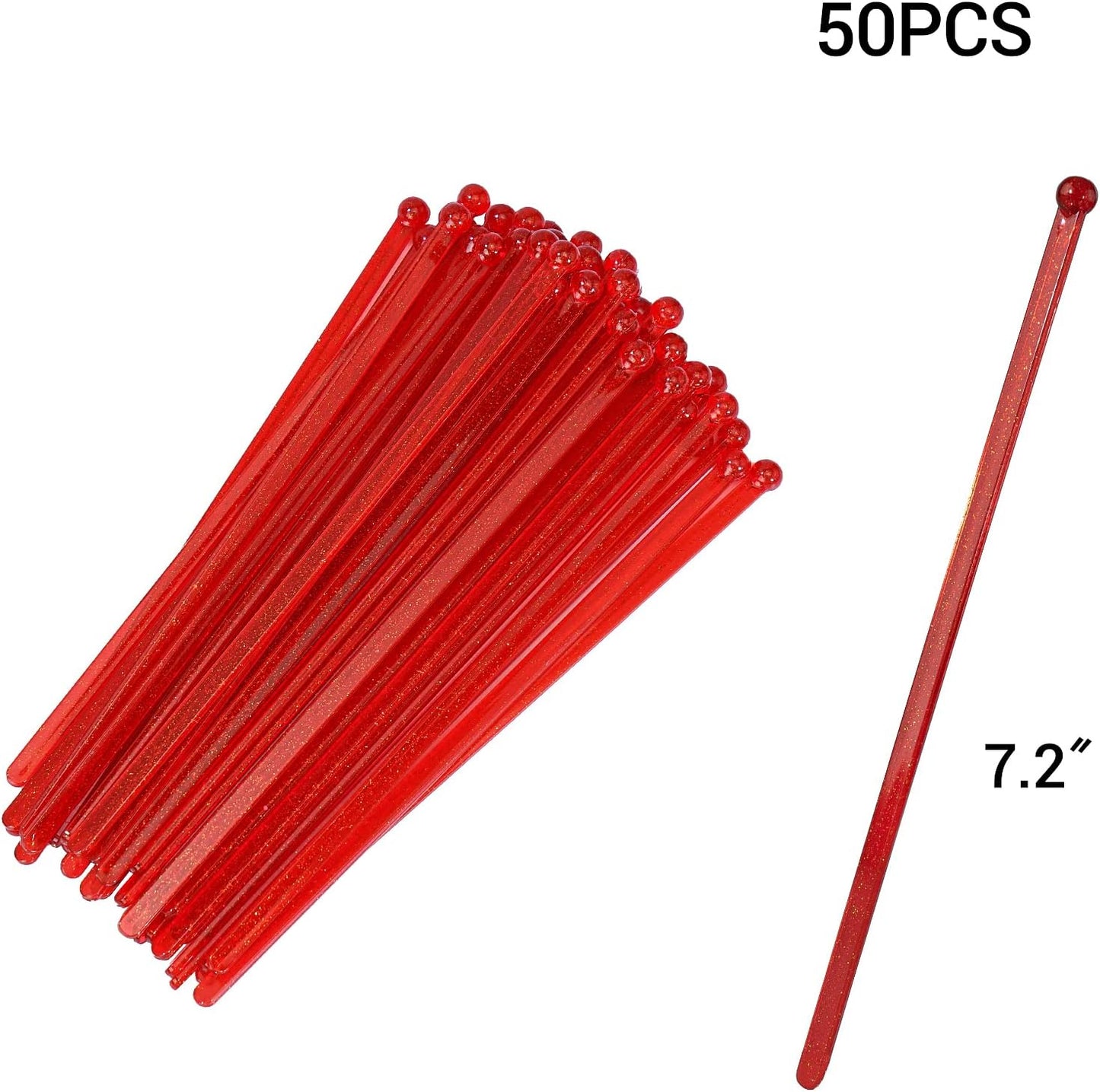 50-PCS Christmas Red Glitter Plastic Swizzle Sticks, Crystal Cake Pops, Cocktail Coffee Drink Stirrers, Stir Sticks for Christmas Party, 7.24 Inch