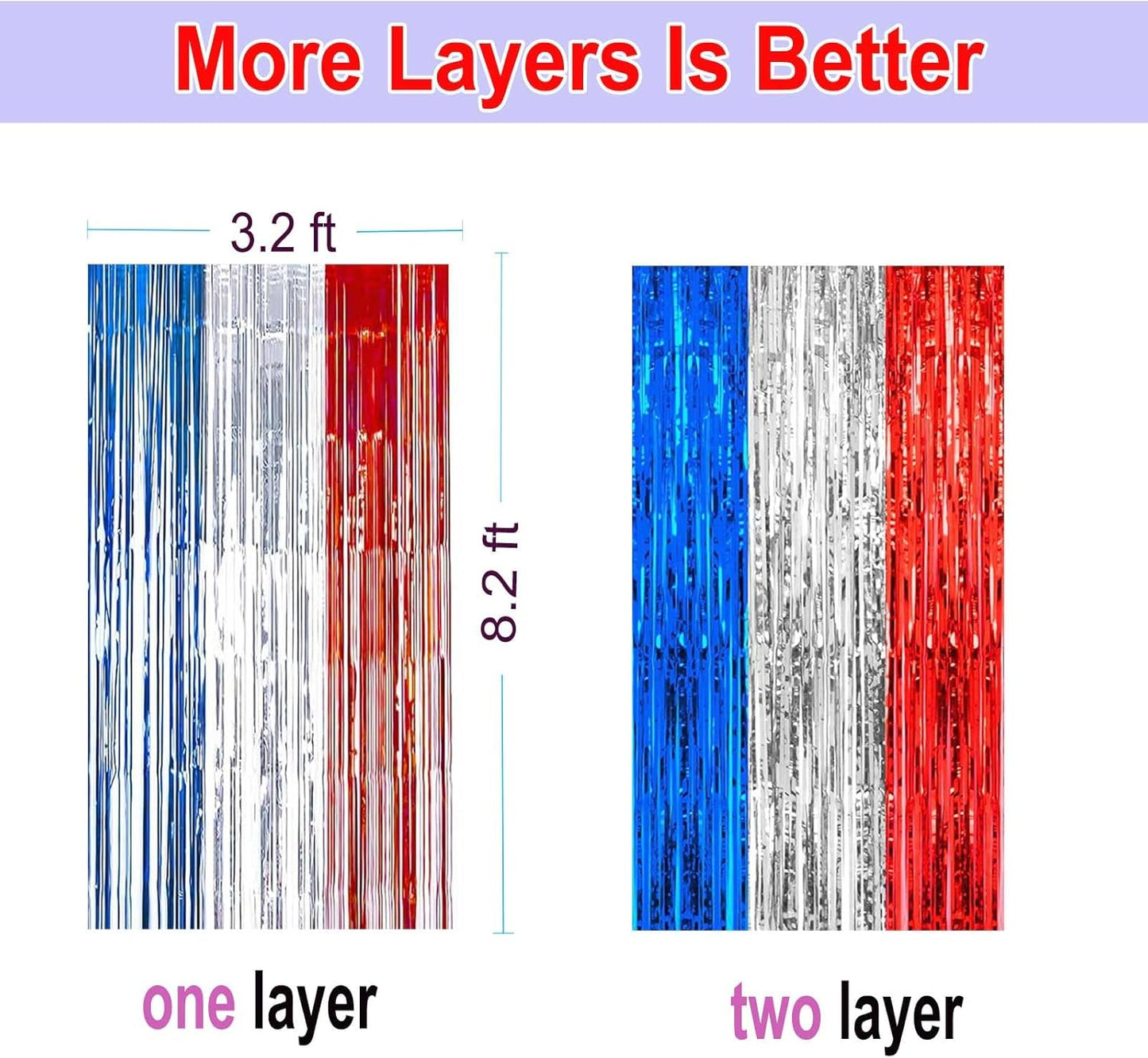 4th of July Decorations- 4 Pack of 3.2x8.2ft Red Silver Blue Tinsel Foil Fringe Curtains for Patriotic Party Memorial Day Independence Day Party Backdrop