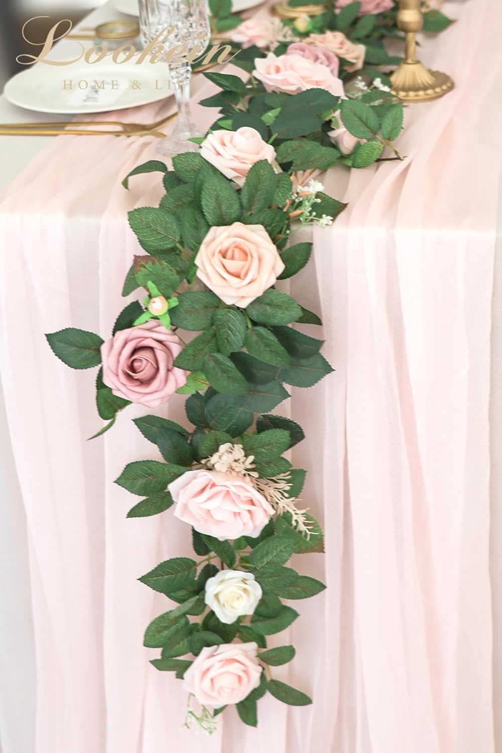 Lookein Artificial Rose Flower Garland Greenery Garland 5FT for Wedding Ceremony Backdrop Arch Flowers Table Centerpieces Decorations, Romantic Blush
