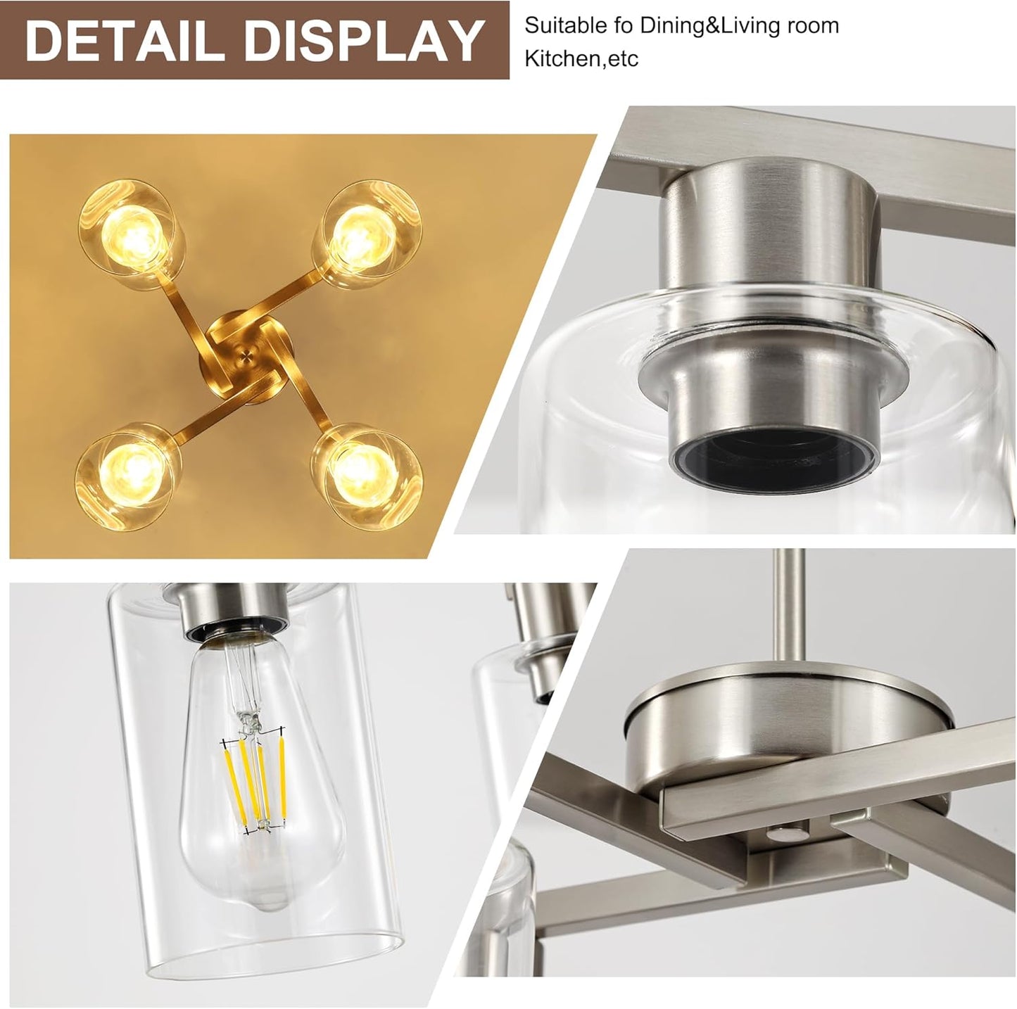 4-Light Modern Farmhouse Brushed Nickel Chandelier, Dining Room Light Fixture Over Table Adjustable Height Hanging Industrial Pendant Lights Kitchen Island, Clear Glass Shade