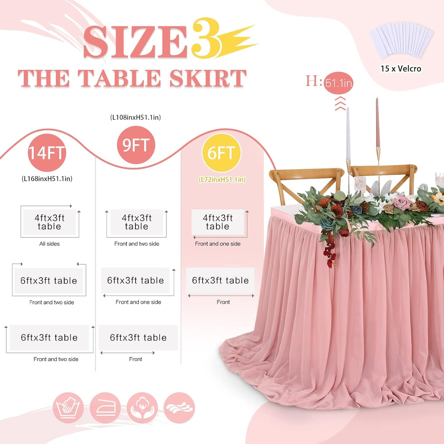 Dusty Rose 6ft Table Skirt for Rectangle Tables or Round Tables Sheer Tablecloth for Baby Girl Birthday Princess Party Wedding Table Decor