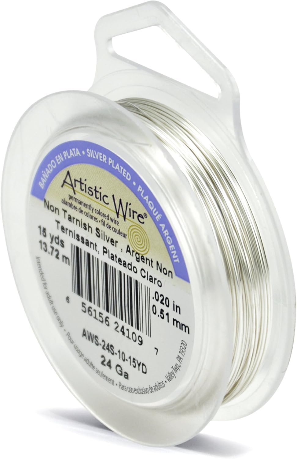 Artistic Wire, 24 Gauge Silver Plated Tarnish Resistant Colored Copper Craft Wire, Tarnish Resistant Silver, 15 yd
