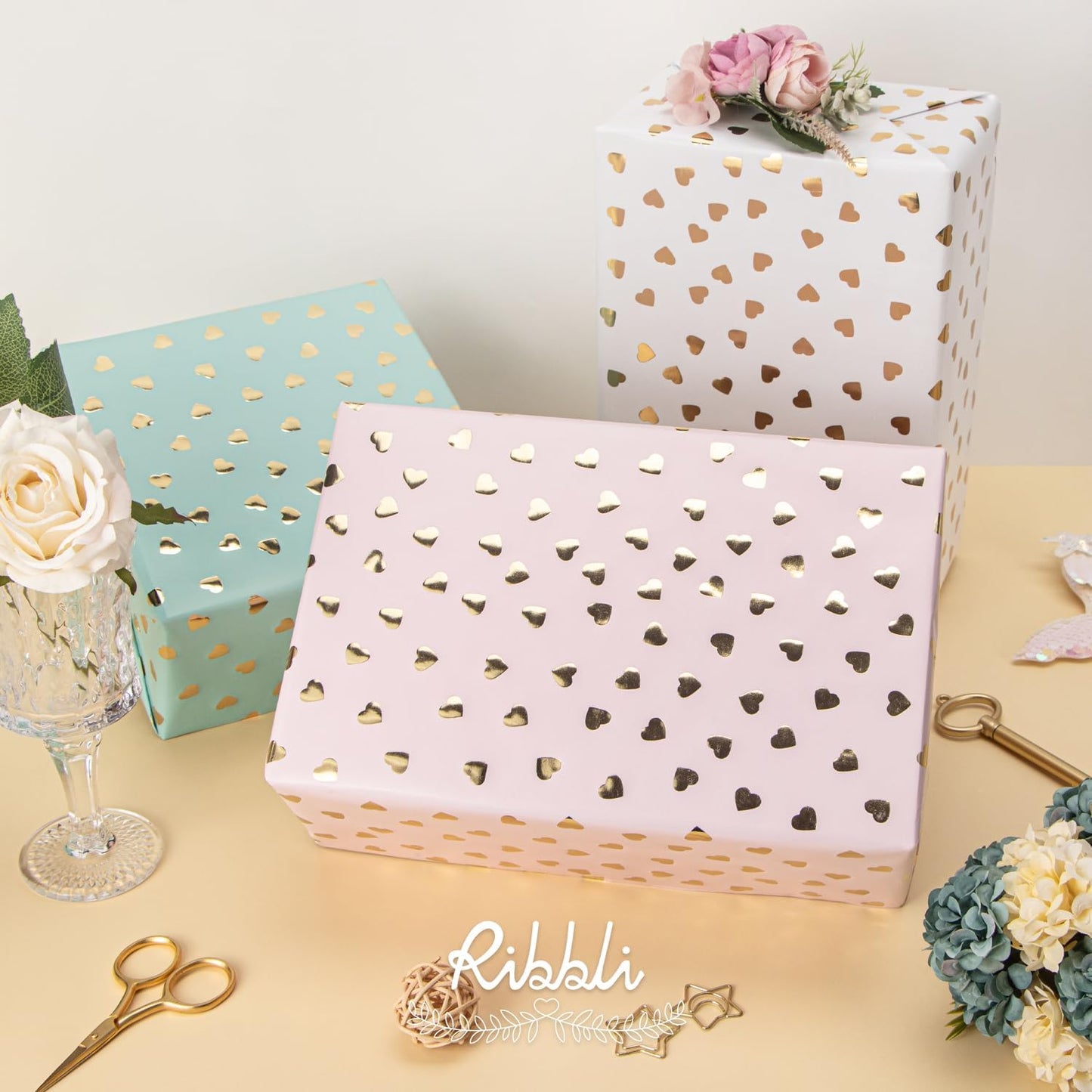 Ribbli Birthday Wrapping Paper Heart Foil Mini Roll Gift Wrap for Women Girls Anniversary Mother's Day Valentine’s Day Wedding 17 inch x 120 inch(10feet) Per Roll