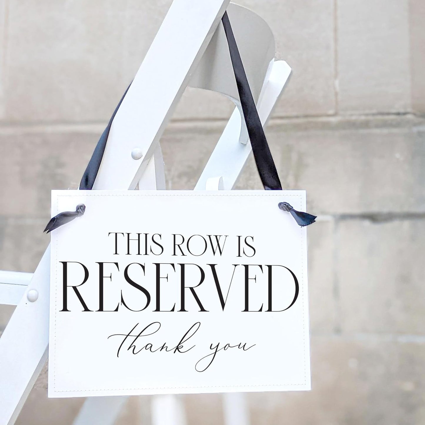 Ritzy Rose Set of 2 Reserved Row Sign for Wedding Ceremony Chairs or Events - Thick Paper Banner for Seating - White Linen Cardstock with Black Font and Black Satin Ribbon - 11x8.5 inches