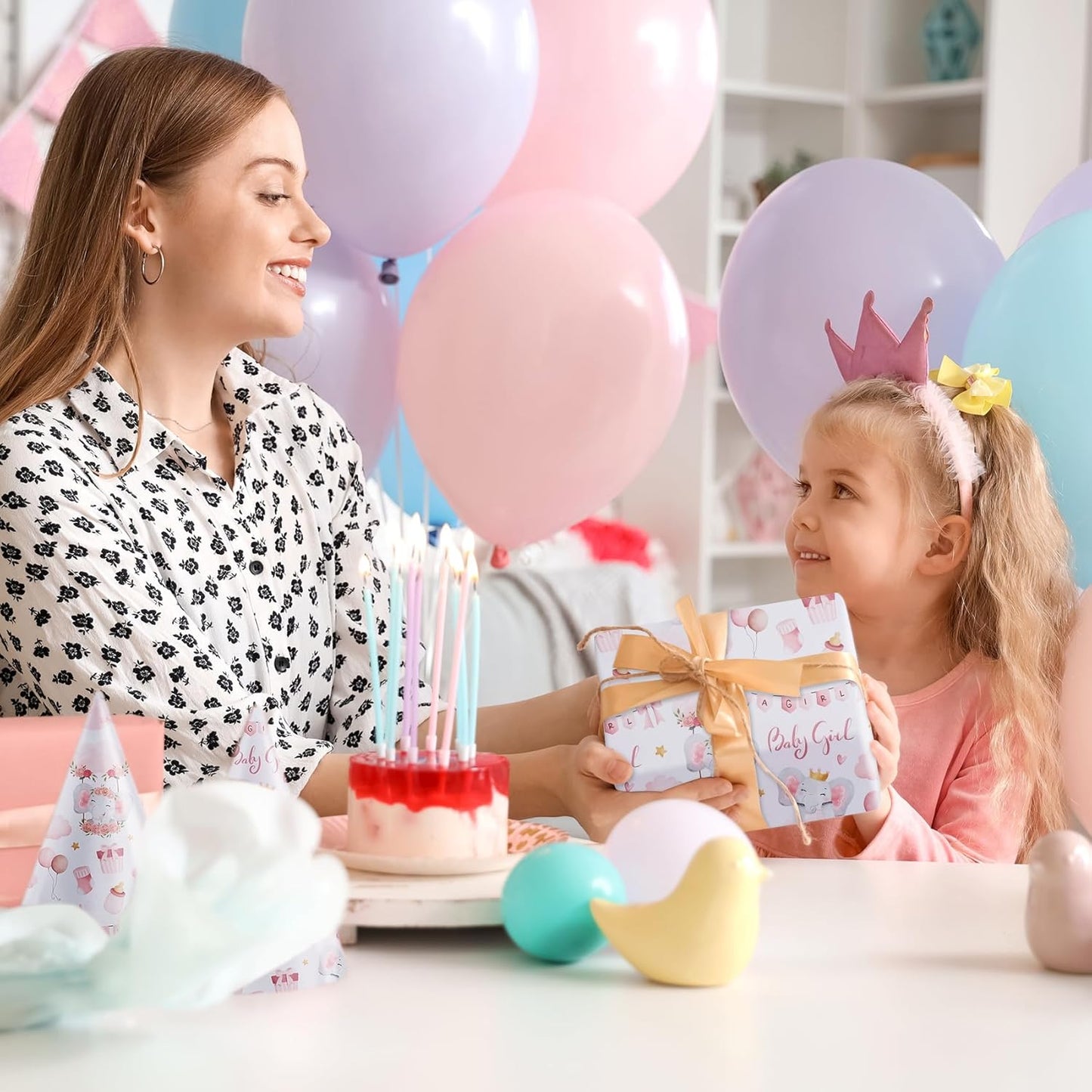 Aimyoo Pink Baby Shower Wrapping Paper Roll - 17 Inch X 32.8 Feet - Cute Elephant with Baby Girl Letter Design Perfect for Girls, Birthday, Party