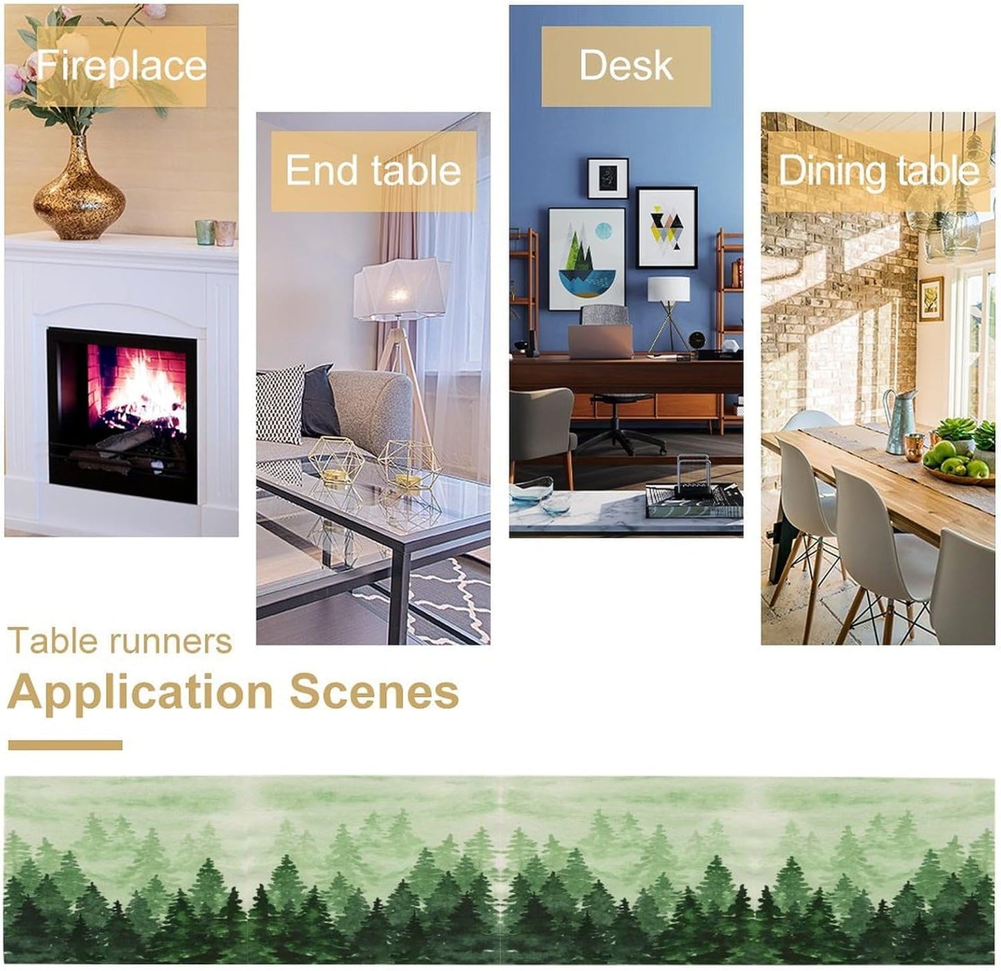 Foggy Forest Table Runner,Watercolor Wreen Misty Forest Landscape Table Runner for Kitchen Dining Table Home Party Decoration 13x120 Inch