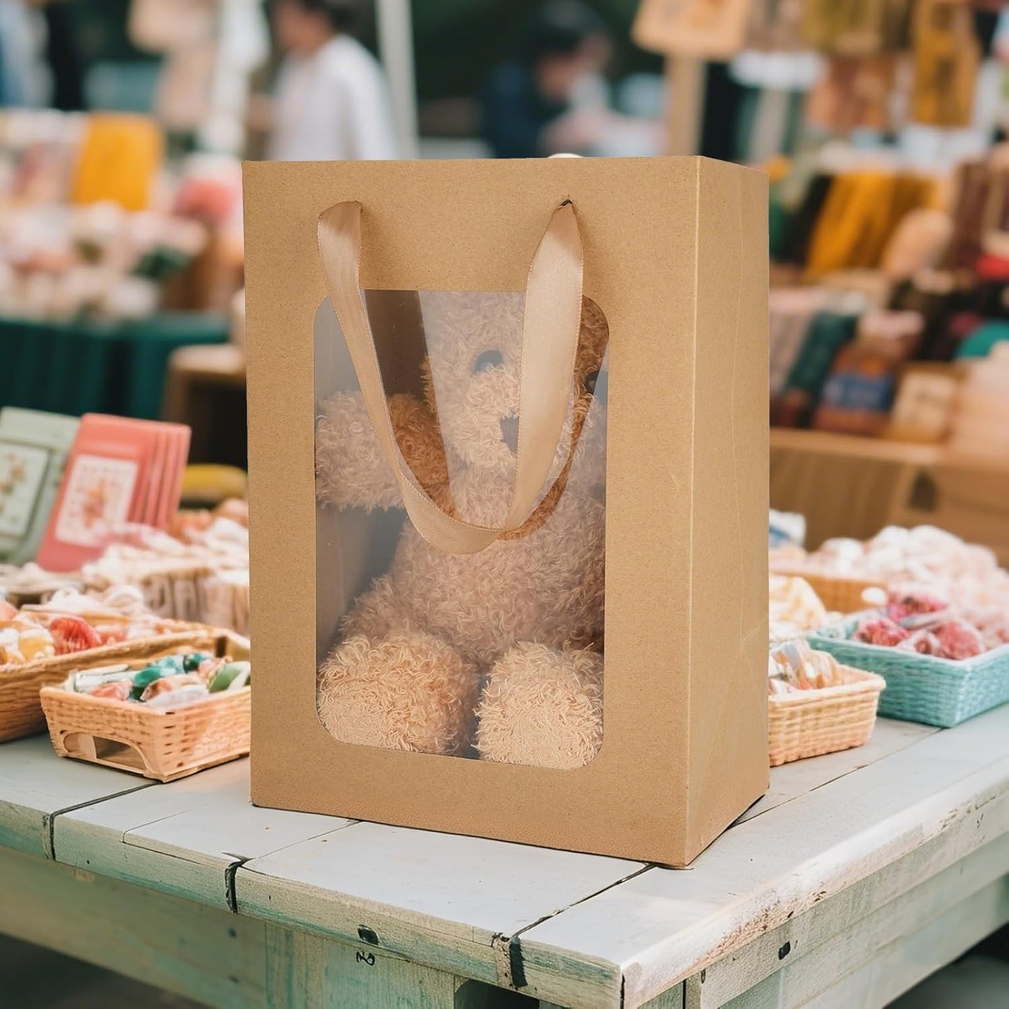 MOXARYSU 12 Pcs Brown Gift Bags with Clear Window: 9.8x5.1x7.1 Inch Medium Kraft Paper Bags with Handle For Party Business Birthday Wedding