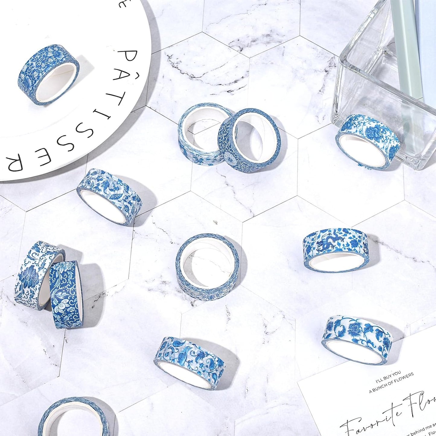 Whaline 12 Rolls Blue Floral Washi Tape Chinoiserie Flower Washi Tape Vintage Masking Decorative Gift Wrapping Paper Tape for DIY Craft Scrapbook Envelope Party Favor Supplies