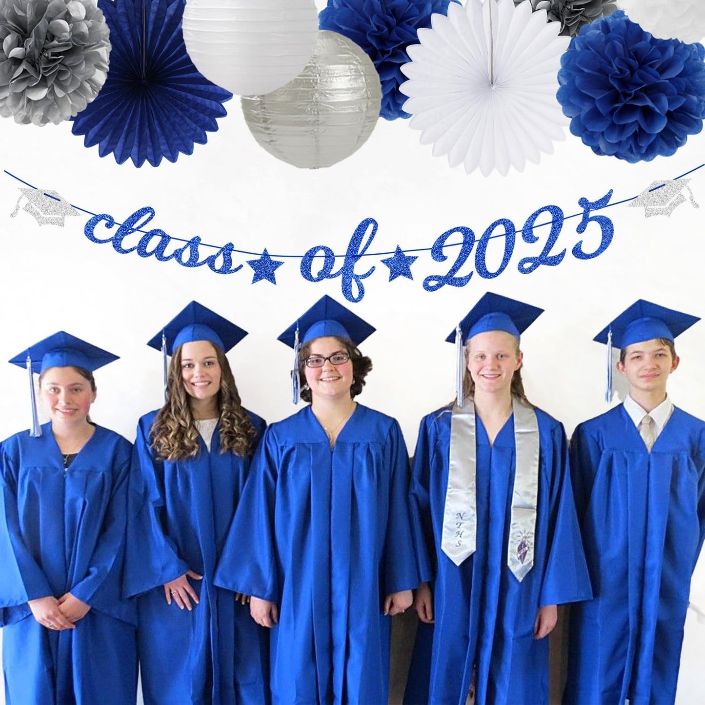 2025 Blue Class-Congratulations Prom Graduation Party-Decorations - 22pcs High School College Grad Supplies Decor,Royal Navy White Silver Tissue Pom Poms Streamers, Paper Flowers Lanterns Hugmoon
