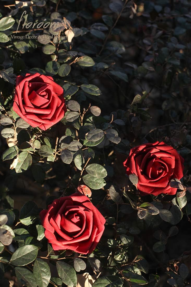 Floroom Artificial Flowers 50pcs Real Looking Dark Red Foam Fake Roses with Stems for DIY Wedding Bouquets Bridal Shower Centerpieces Floral Arrangements Party Tables Home Decorations