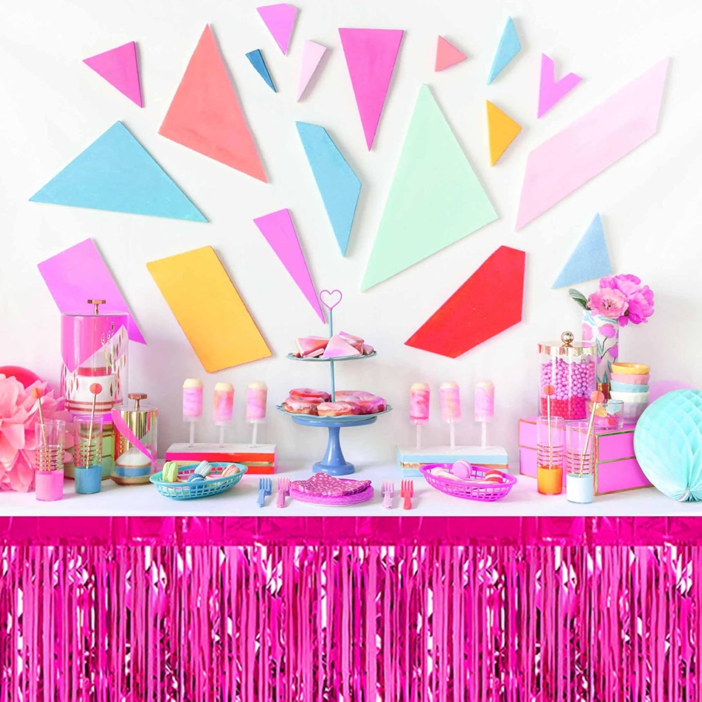 3 Pack Fuchsia Foil Fringe Table Skirts Metallic Tinsel Streamers Garland Banner Backdrop for Table Decor, Parade Float, Birthday, Wedding, Halloween, Christmas Party Decorations(29x108 In)