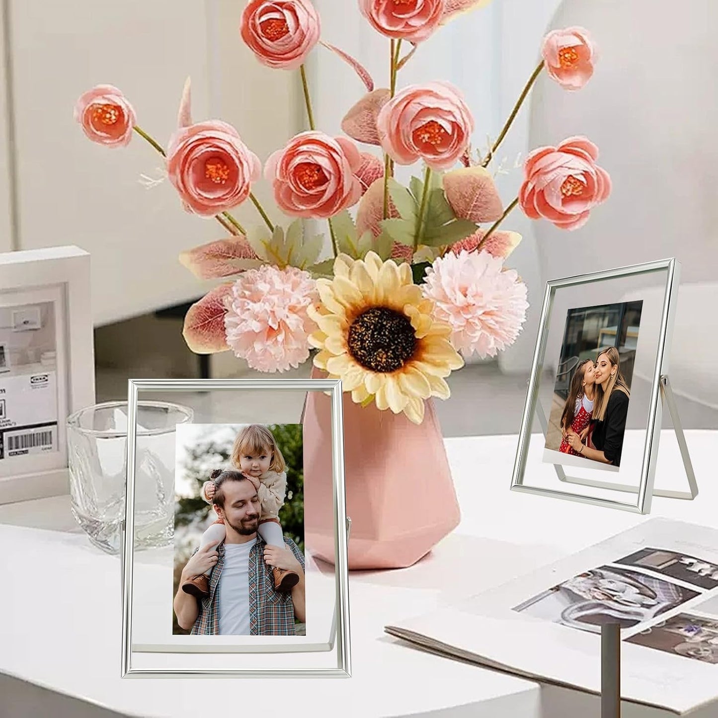 Silver Floating Frame (5"x7", Vertical), For Picture 4x6, 3.5x5, 2x3, Small Desktop Photo Frame, Classy Gift For Festival, Wedding, Home or Office Décor