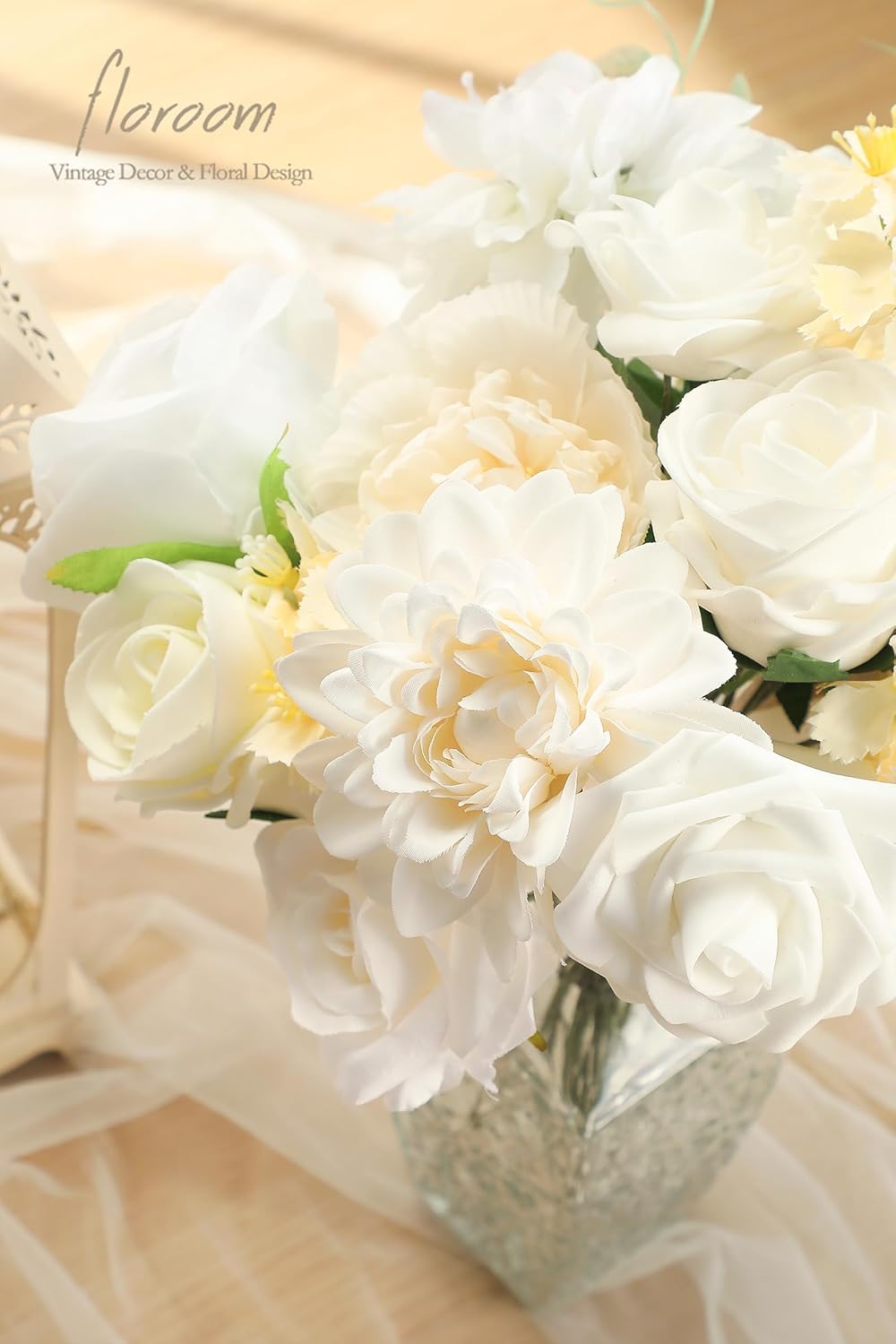 Floroom Cream White Artificial Flowers Ivory Fake Roses Peonies Dahlias and Greenery Combo Box Set for DIY Wedding Bouquets Bridal Shower Centerpieces Floral Arrangements Party Tables Home Decorations