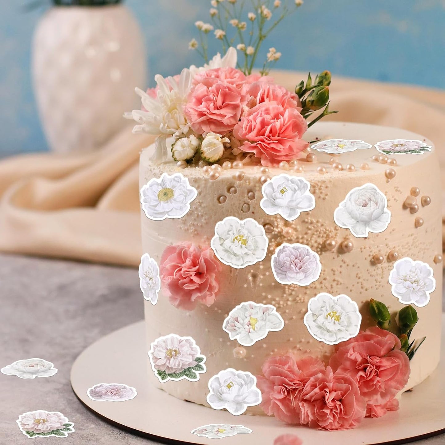 48PCS Edible Rose Flowers Cupcake Toppers Edible White Rose Flowers Cupcake Decor Wafer Paper Wedding Flowers Cupcake Picks for Flowers Theme Engagement Birthday Party Decor Supplies