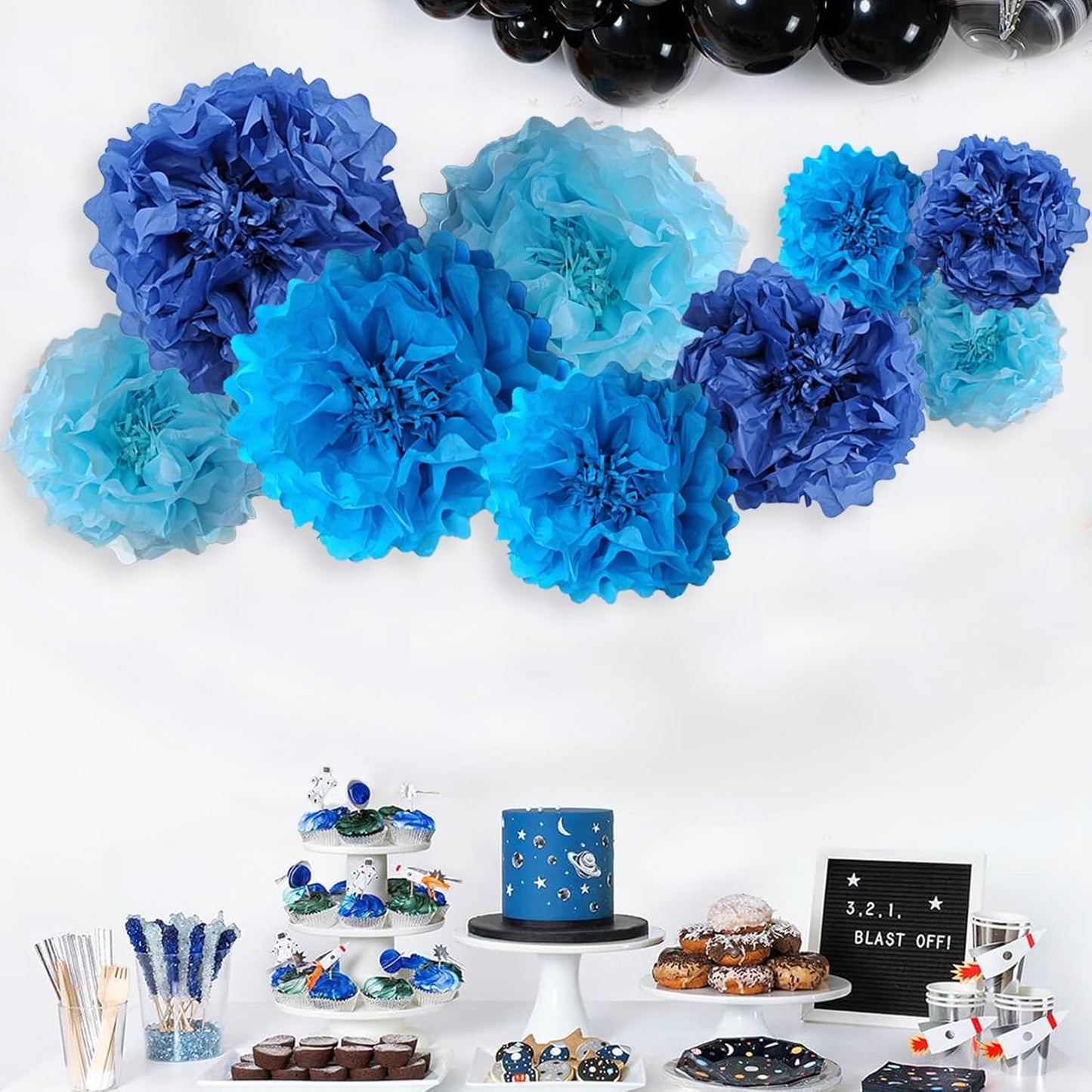 Blue Paper Flower Pom Poms Wall Decorations for Baby Showers, Weddings, Birthdays, Bridal, Tea Parties, Engagement, Home Decor