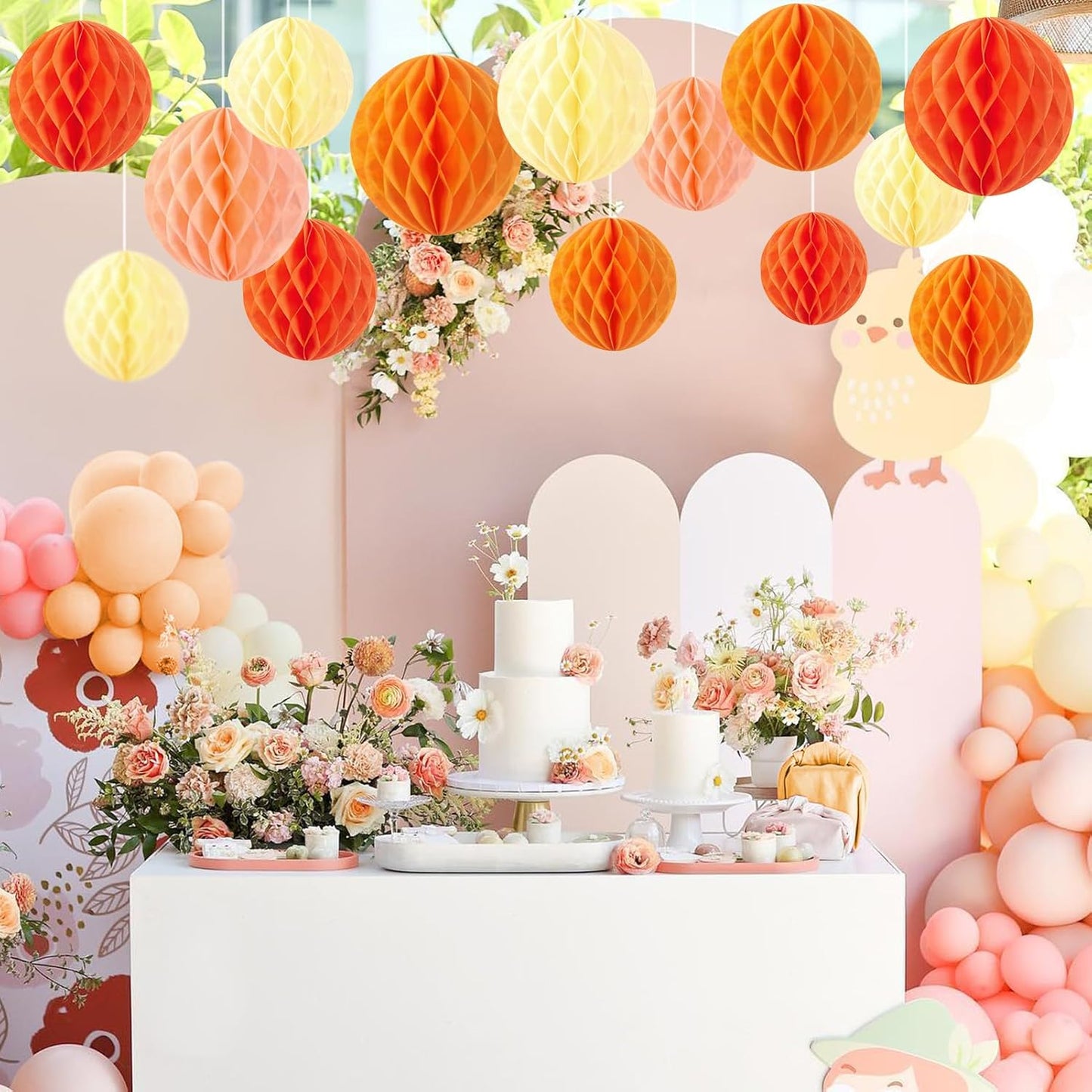 Pink and Orange Honeycomb Hanging Paper Balls, Fall Party Decoration, Groovy Birthday Party Decor for Graduation Autumn Halloween Wedding Baby Shower Birthday, Set of 16