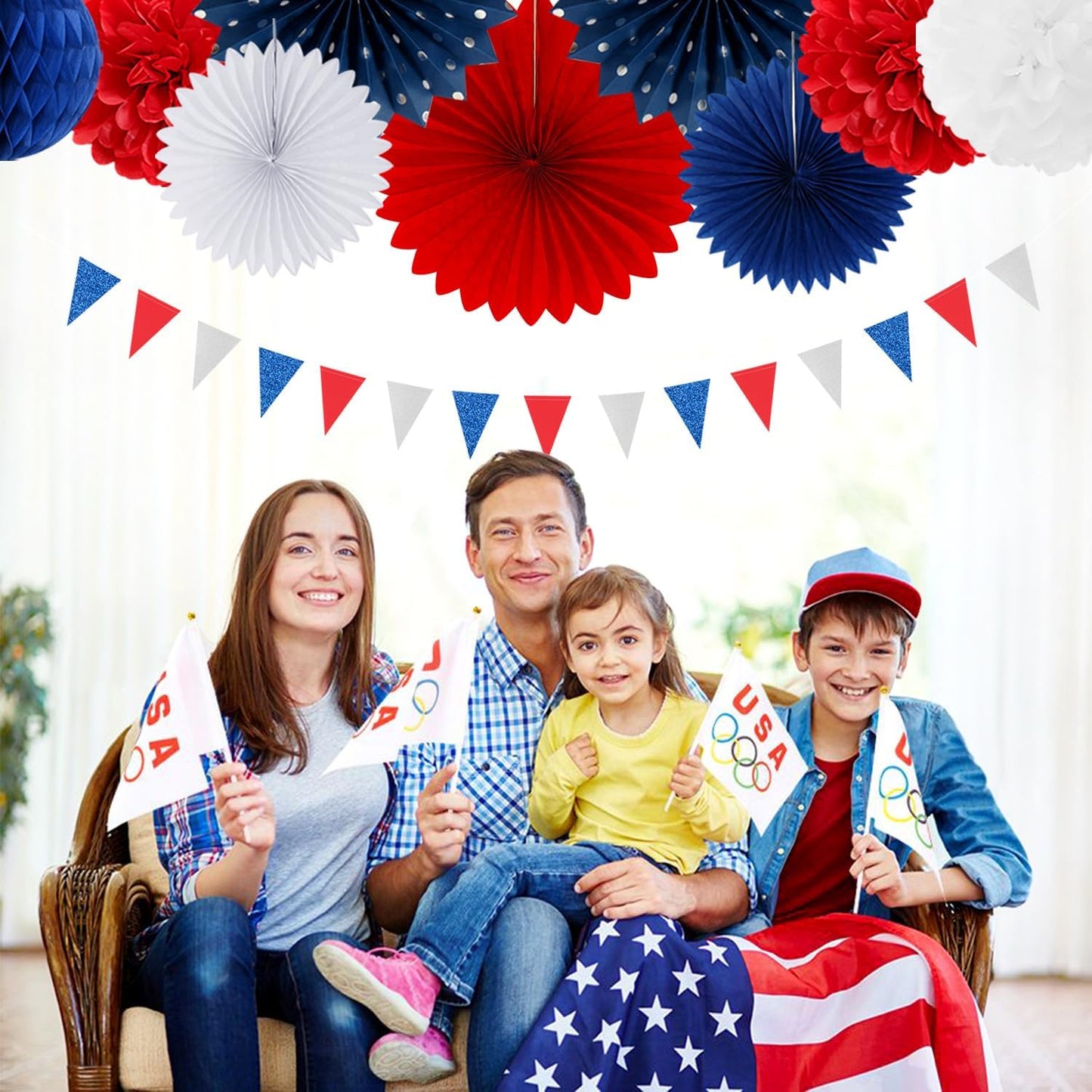 Fourth-4th of July Memorial-Day Party-Decorations - 31pcs Red-Blue White-Silver Patriotic Banner,Streamers Garland,Tissue Pom Poms Honeycomb,Paper Lantern Fan,Independence Graduation Decor Hugtmr