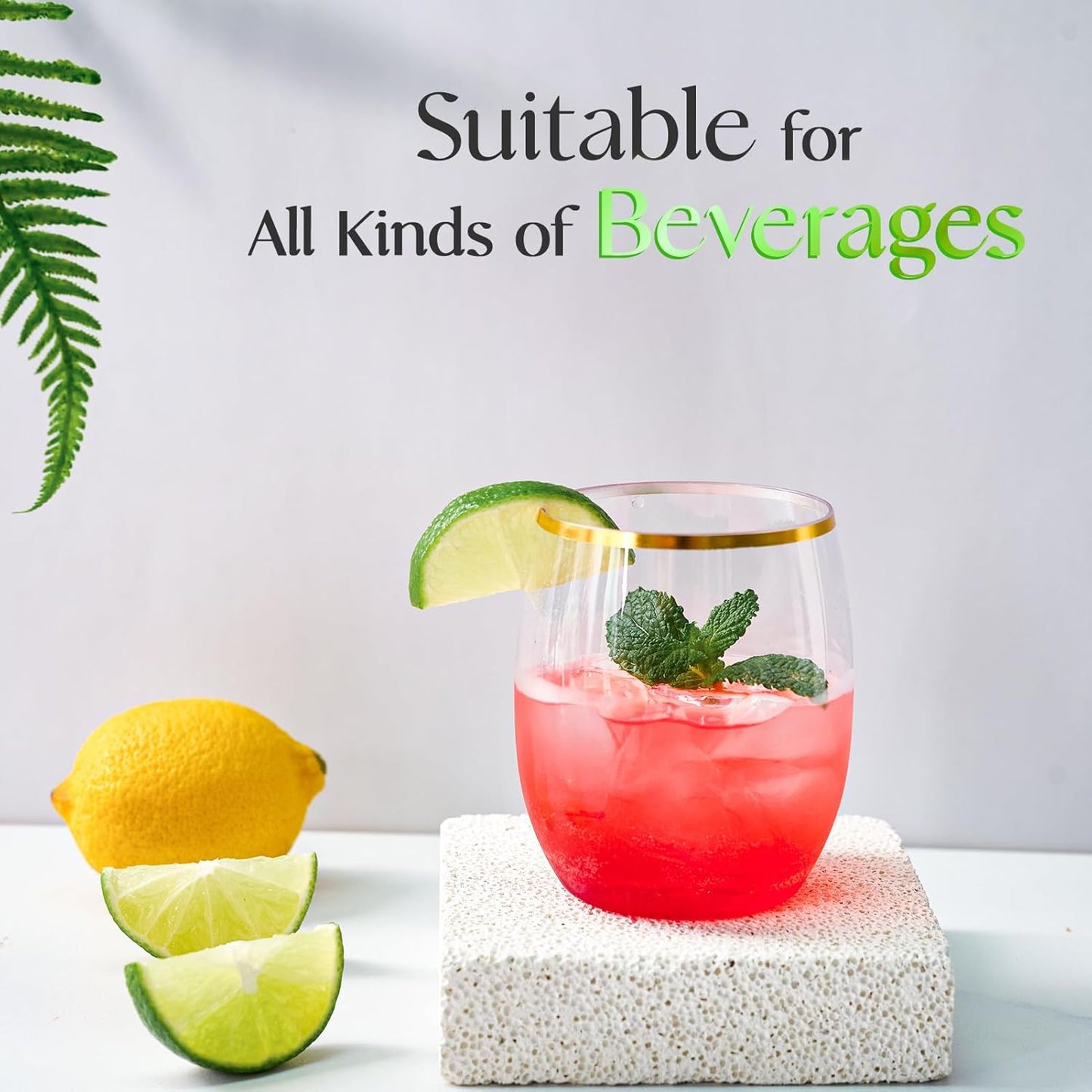 FOCUSLINE 32 Pack 12 OZ Plastic Wine Glasses, Stemless Disposable Wine Cups, Gold Rim Unbreakable Wine Glasses, Reusable Shatterproof Recyclable and BPA-Free Plastic Wine Cups