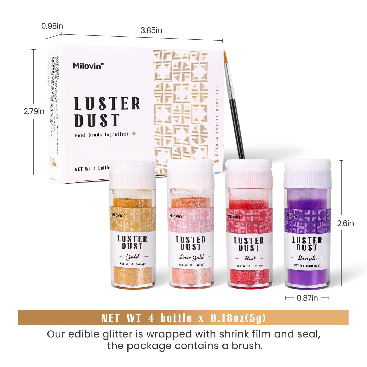 Edible Glitter for Cake Decorating, 4 Colors Luster Dust Edible, Edible Glitter for Cocktails, Baking, Drinks, Cupcakes, Chocolate, Strawberries, and Waffles 5g/bottle(Gold, Rose Gold, Purple, Red)