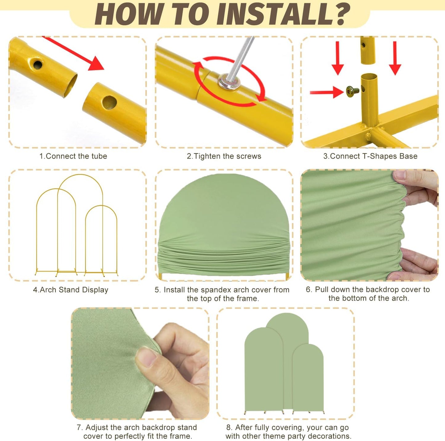 MODFUNS Arch Backdrop Stand and Cover Set Gold Wedding Arch Frame 4&5&6ft Sage Green Arches Backdrop Cover Set of 3 Metal Arched Stand with Covers for Party Baquet Reception Backdrop Decor