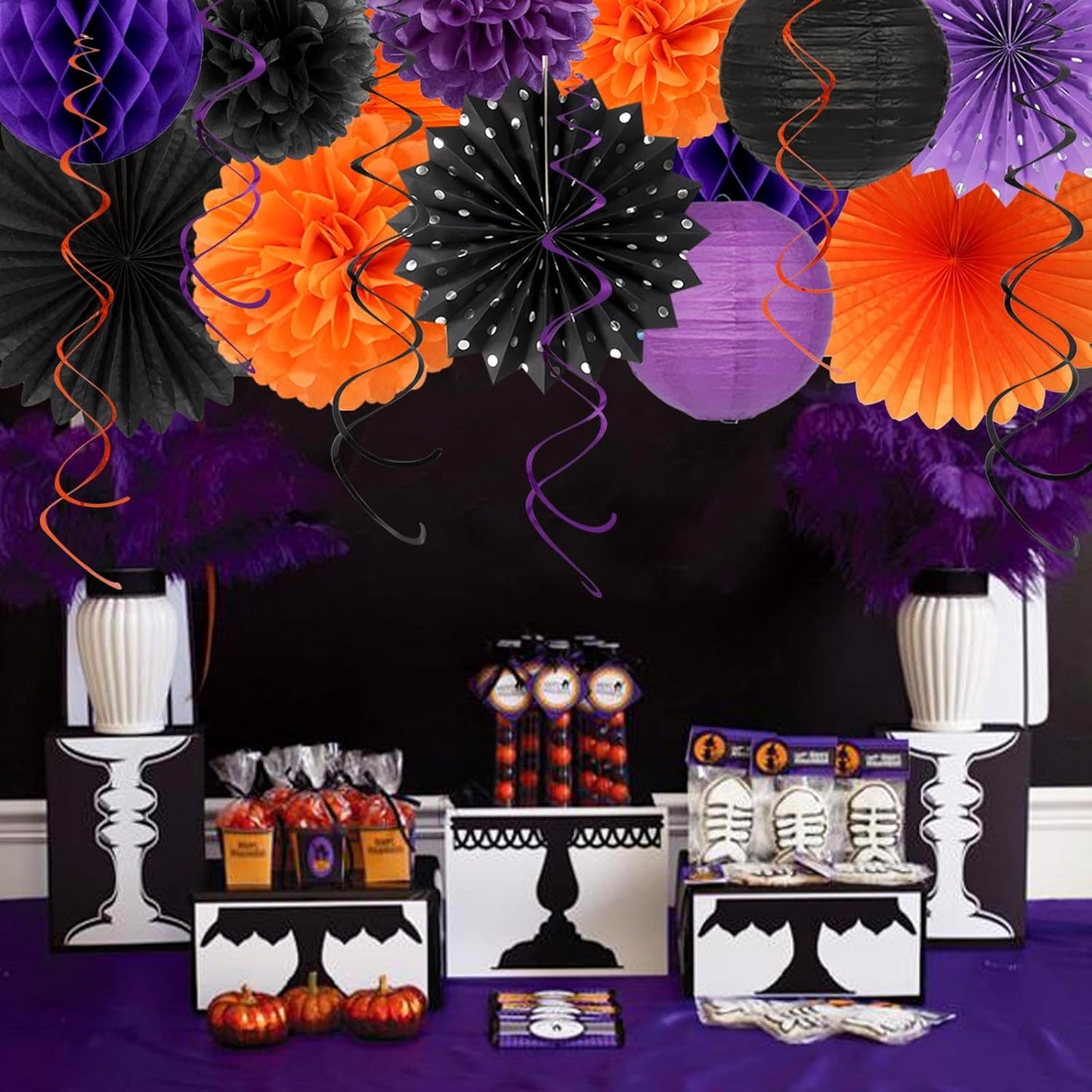 Black-Purple Orange Happy-Halloween Party-Decorations - 21pcs Birthday Banner,Paper Lanterns Honeycomb,Tissue Pom Poms Flower Fan,Kids Classroom Hanging Streamers Garland Decor Supplies Huglony