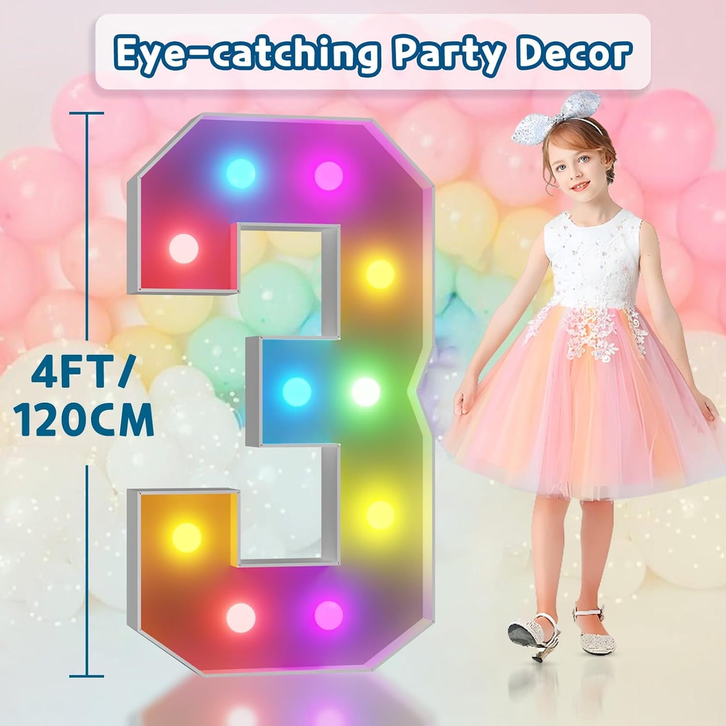 imprsv 4FT Colorful Marquee Numbers,18 Colors Number 3 with Remote, Light Up Numbers Sign for 30th Birthday Decorations Anniversary Party Decor, Pre-Cut Foam Board Kit, Mosaic Sign for Balloon