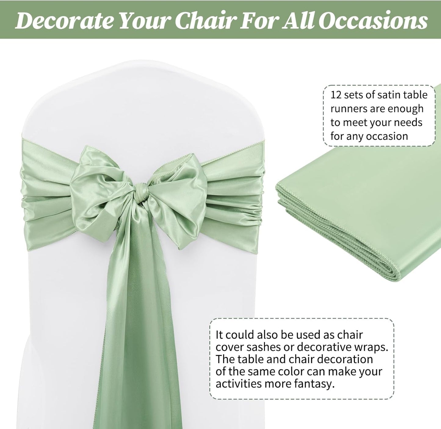 12 Pack Sage Green Satin Table Runner,12 x 108 inch Long Premium Smooth Table Runner for Wedding, Banquets, Birthday, Party, Graduation, Engagements, Table Runners fit Rectangle and Round Table