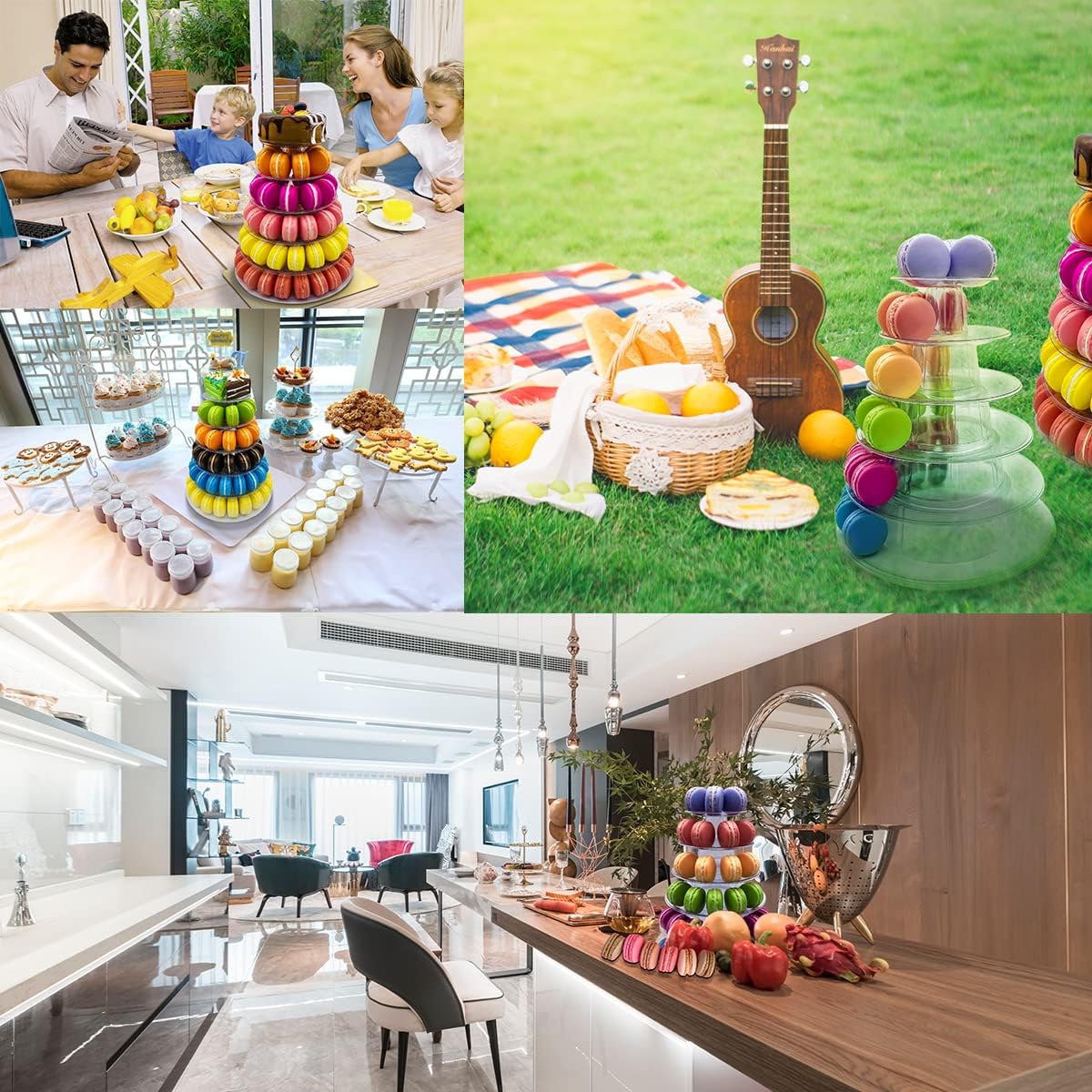 6 Tiers Macaroon Tower Stand with 8'' Silicone Tongs, Round Macaron Tower Cake Display Rack Plastic Cupcake Stand Macarons Desserts Serving Tray for Birthday Wedding Party Decor (6 Tiers with Tongs)