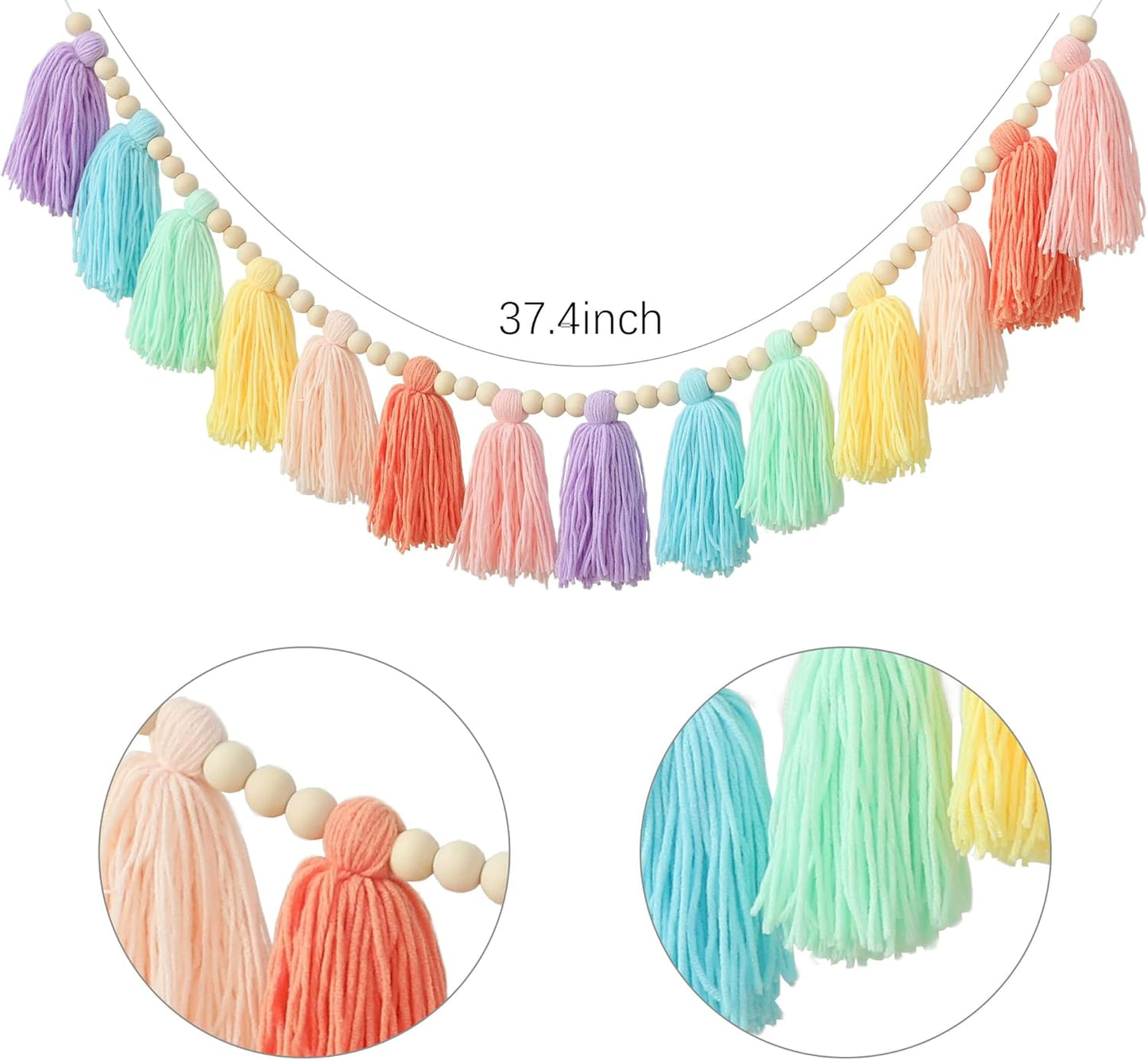 Pastel Rainbow Boho Tassel Garland Wall Hanging with Wood Beads for Baby Shower Birthday Party Classroom Dorm Nursery Decor