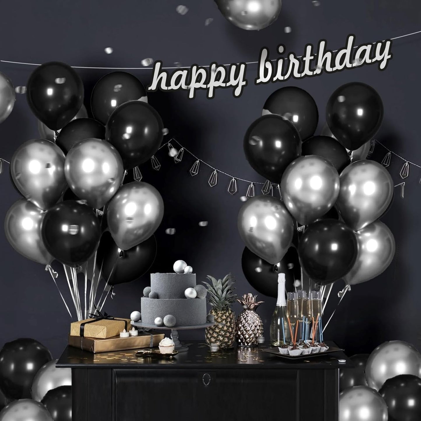 Black and Silver Balloons,65PCS 12 Inch Metallic Chrome Silver and Black Latex Balloons for Birthday Graduation Anniversary Party Decorations