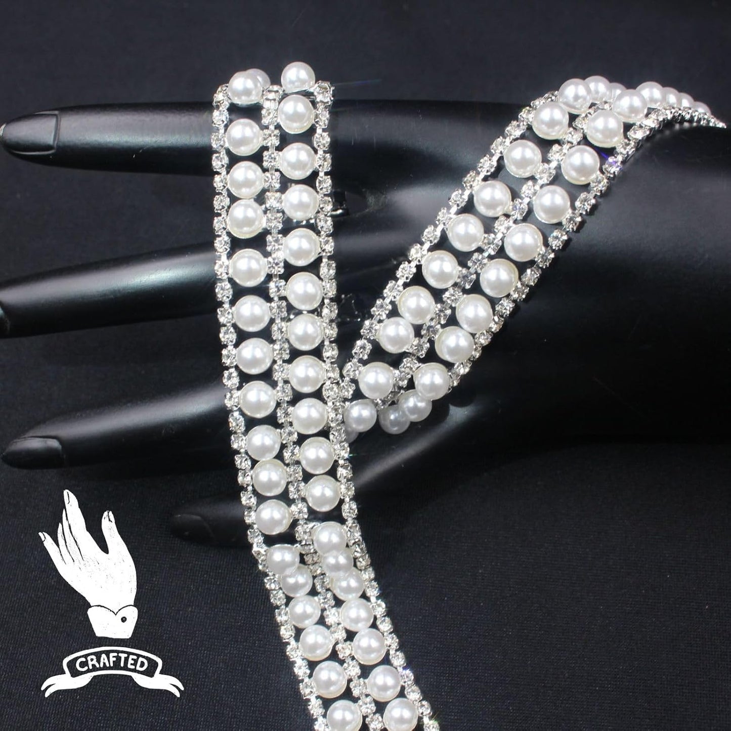 PEARLY JUN 1 Yard Pearl Rhinestone Trim Chain Silver Crystal Fringe Diamond Applique Ribbon String Tassel Strip for Sewing Wedding Dress Crafting Crafts Flower Embellishments