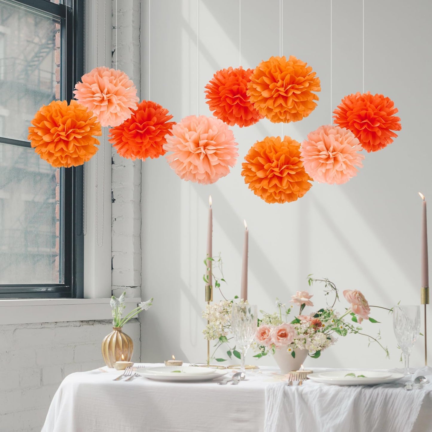 WEVEN Tissue Pom Poms Tissue Paper Flowers Tissue Fluff Balls Party Decorations 12-Inch Pack of 12 (Orange, Peach)