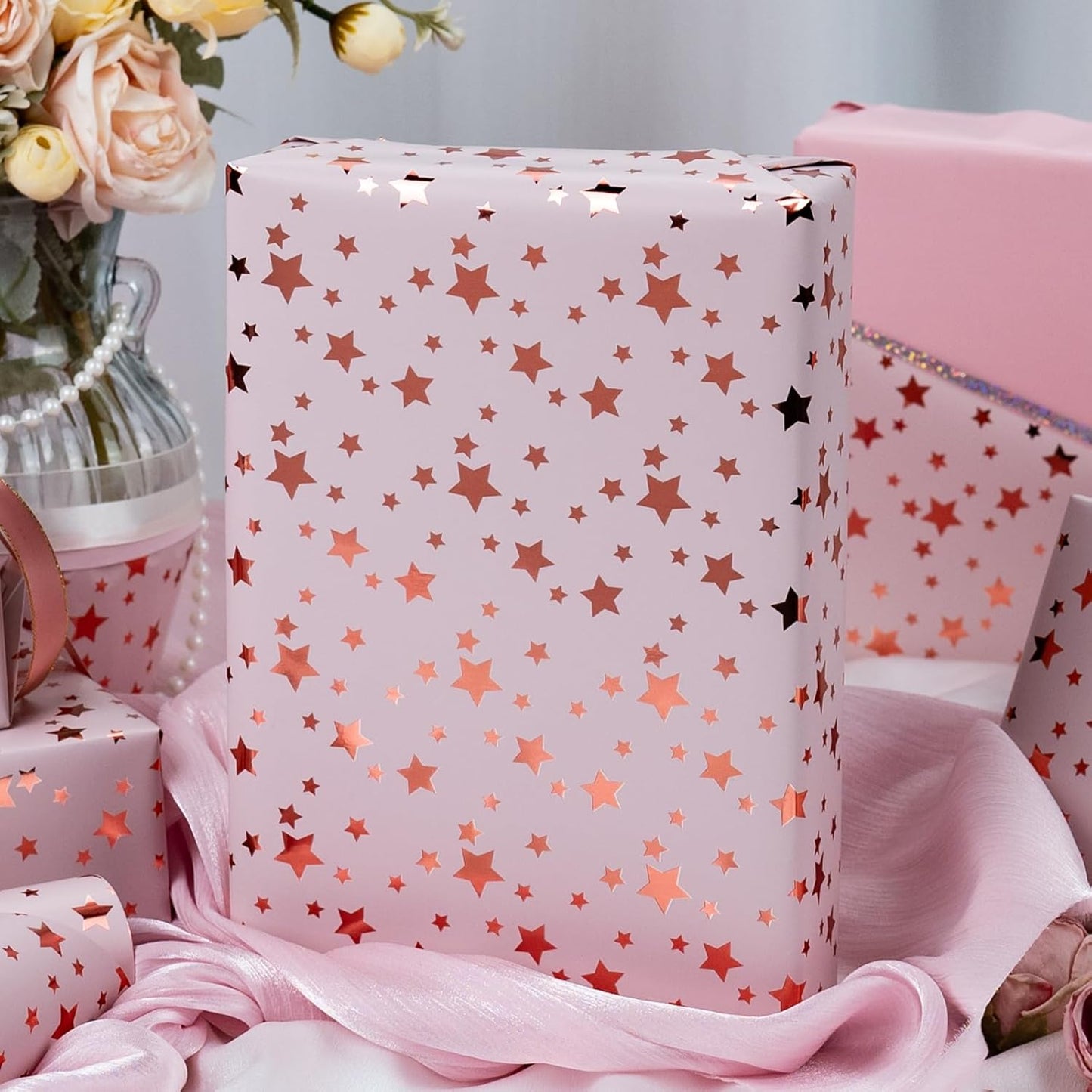 Burymento Gold Foil Five-Pointed Star Wrapping Paper, Reversible Pink Gift Wrap for Birthday, Valentines, Mothers day, Graduation, Wedding, Fathers day, Baby Shower, Christmas (17in x 32.8ft)