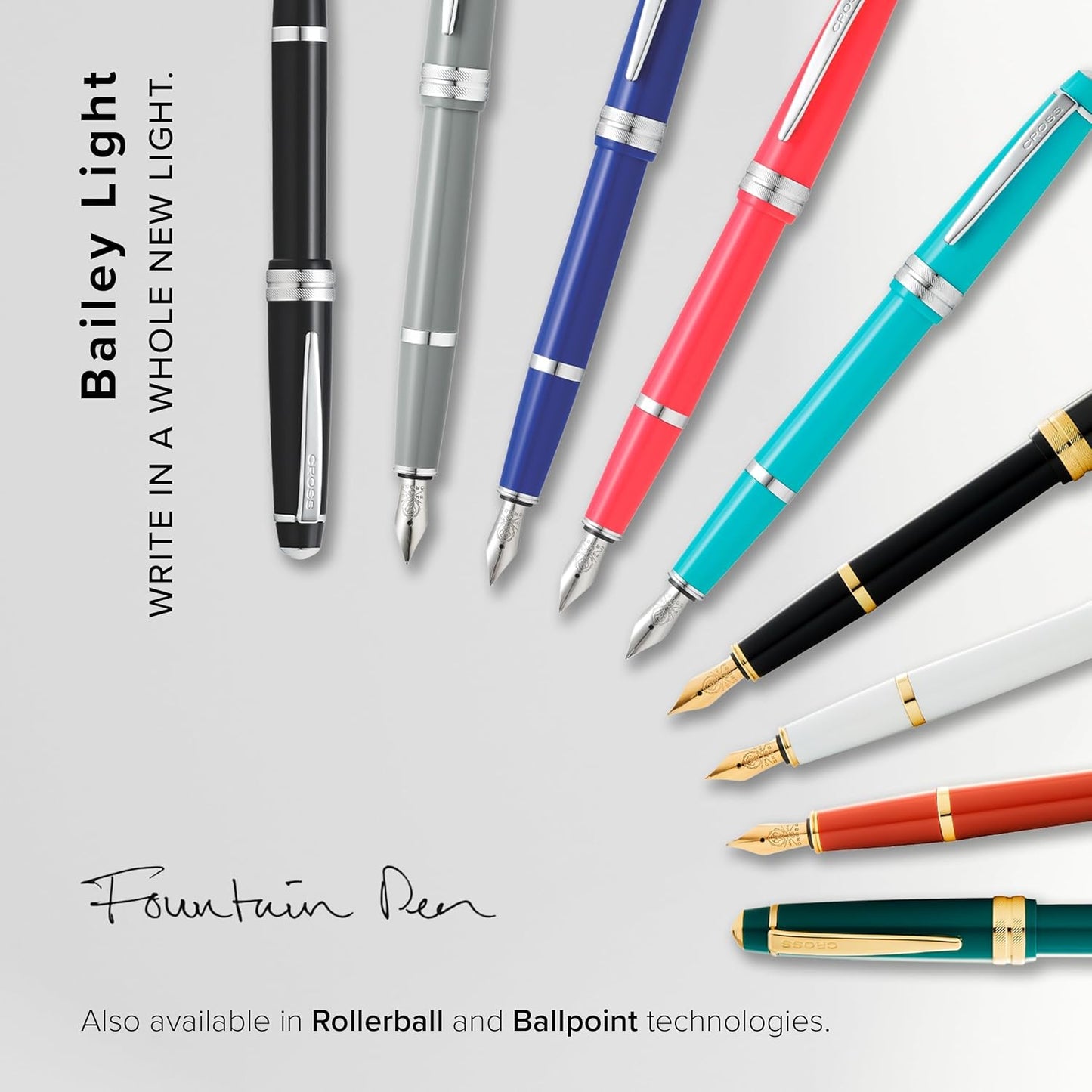 Cross Bailey Light Refillable Fountain Presented in a Everyday Gift Box - Medium Point, Black Ink, Polished Gray