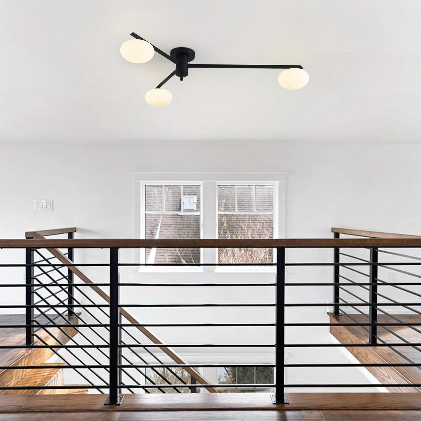 3-Light Modern Sputnik Chandelier with Milk Glass Shade - Black Flush Mount Ceiling Light for Kitchen