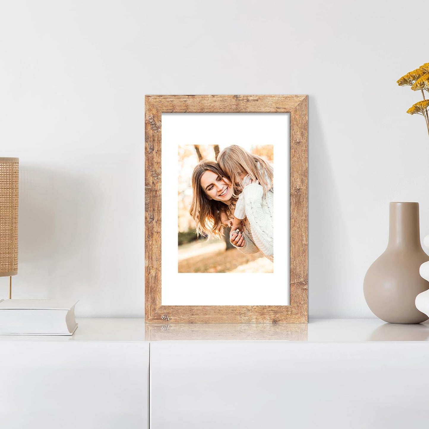 8x12 Picture Frame Set of 4 with High Definition Real Glass, Display 6x8 Pictures with Mat or 8 x 12 Without Mat, Rustic Brown Wood Photo Frames for Tabletop and Wall Mounting