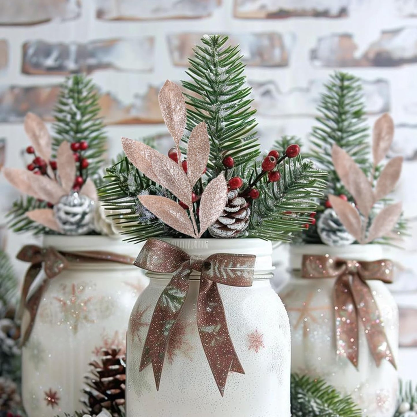 GREENTIME 12 Pack Artificial Champ Glitter Leaves 13" Fake Christmas Picks Decorative Glitter Sticks for Vase Christmas Tree DIY Wreath Crafts Fireplace Decor