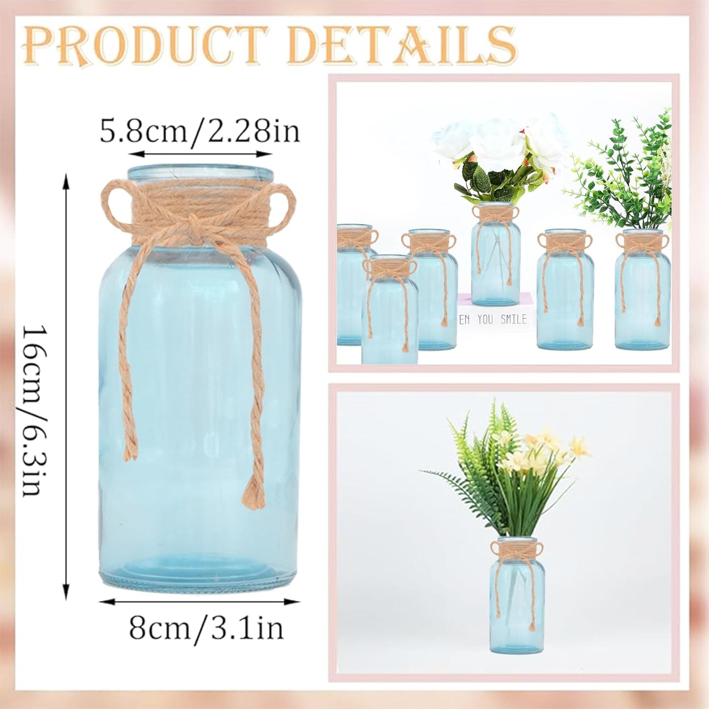 Vintage Glass Flower Vase,6 Pack Blue Farmhouse Glass Centerpiece Vases Mason Jars for Weddings, Parties & Home Decor Bulk (6, Blue)