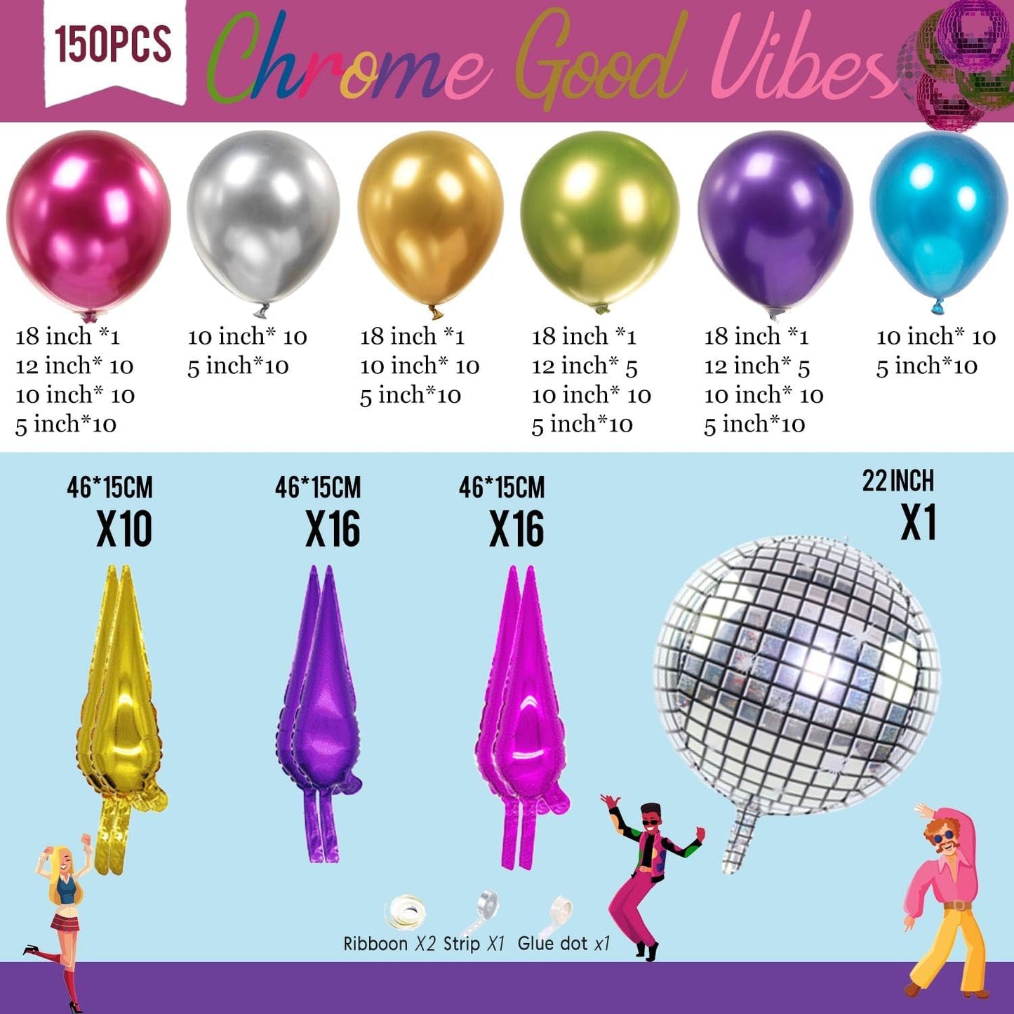 Metallic Balloon garland kit 150PCS Hot Pink Purple Green Blue Silver Gold Latex star 80s 90s Disco ball Party Balloons for Birthday graduations class of kpop fans prom last bachelorette Decoration