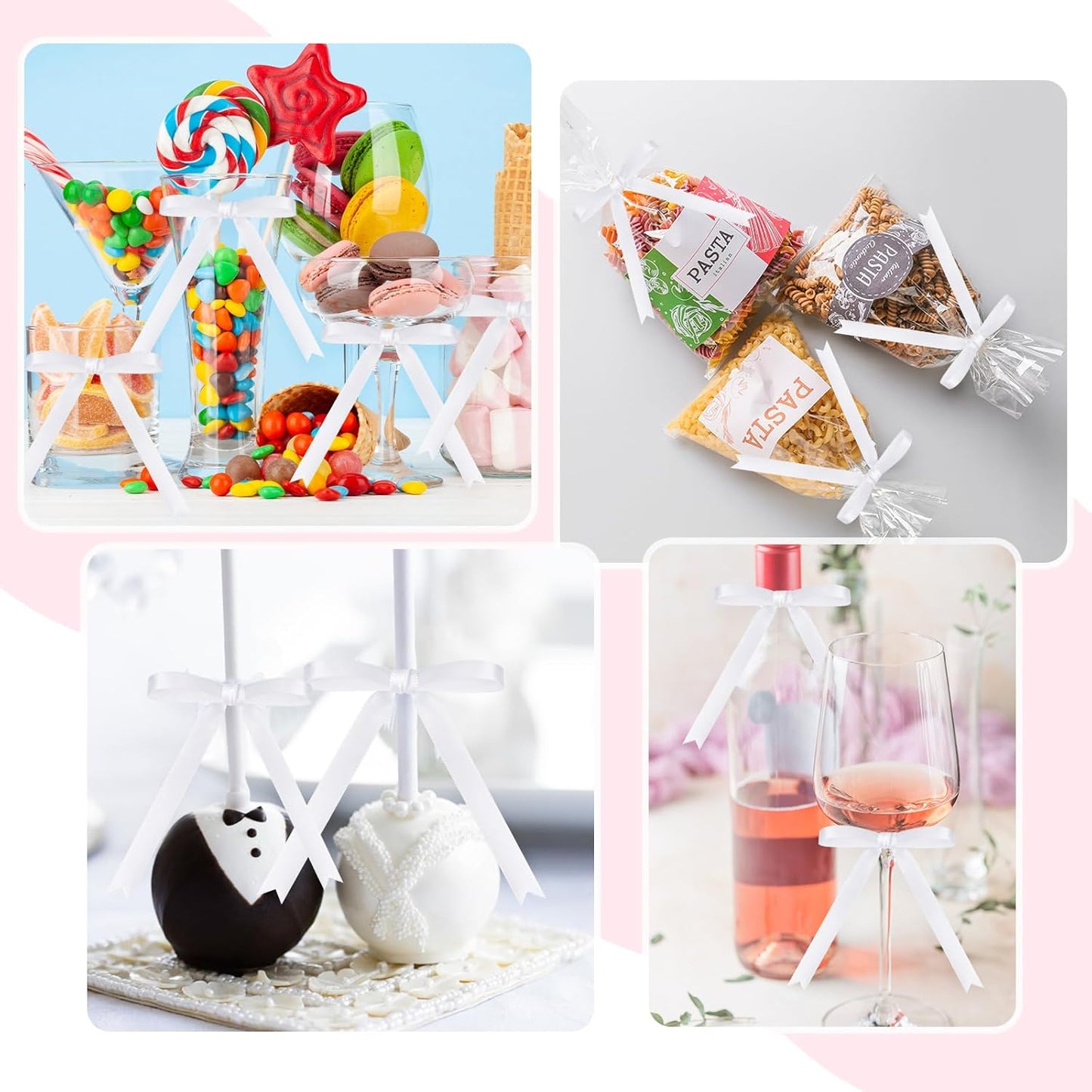 Riceshoot 50 Pcs Twist Tie Bows for Cake 3x4.5 Inch Satin Ribbon Bows for Gift Wrapping Treat Bags Craft DIY Wedding Baby Shower Birthday Party(White)