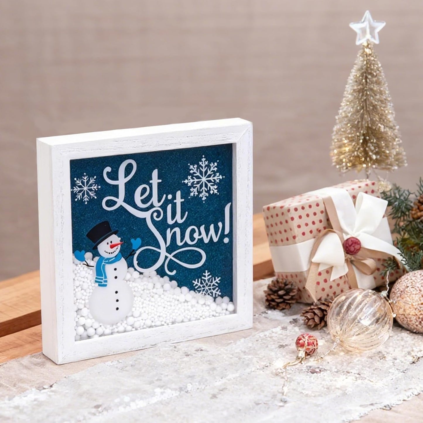 Christmas Wooden Tabletop Sign Blue Snowman with Snowflake Block Sign Xmas Table Centerpiece for Winter Holiday Party Home Shelf Fireplace Mantle Decoration