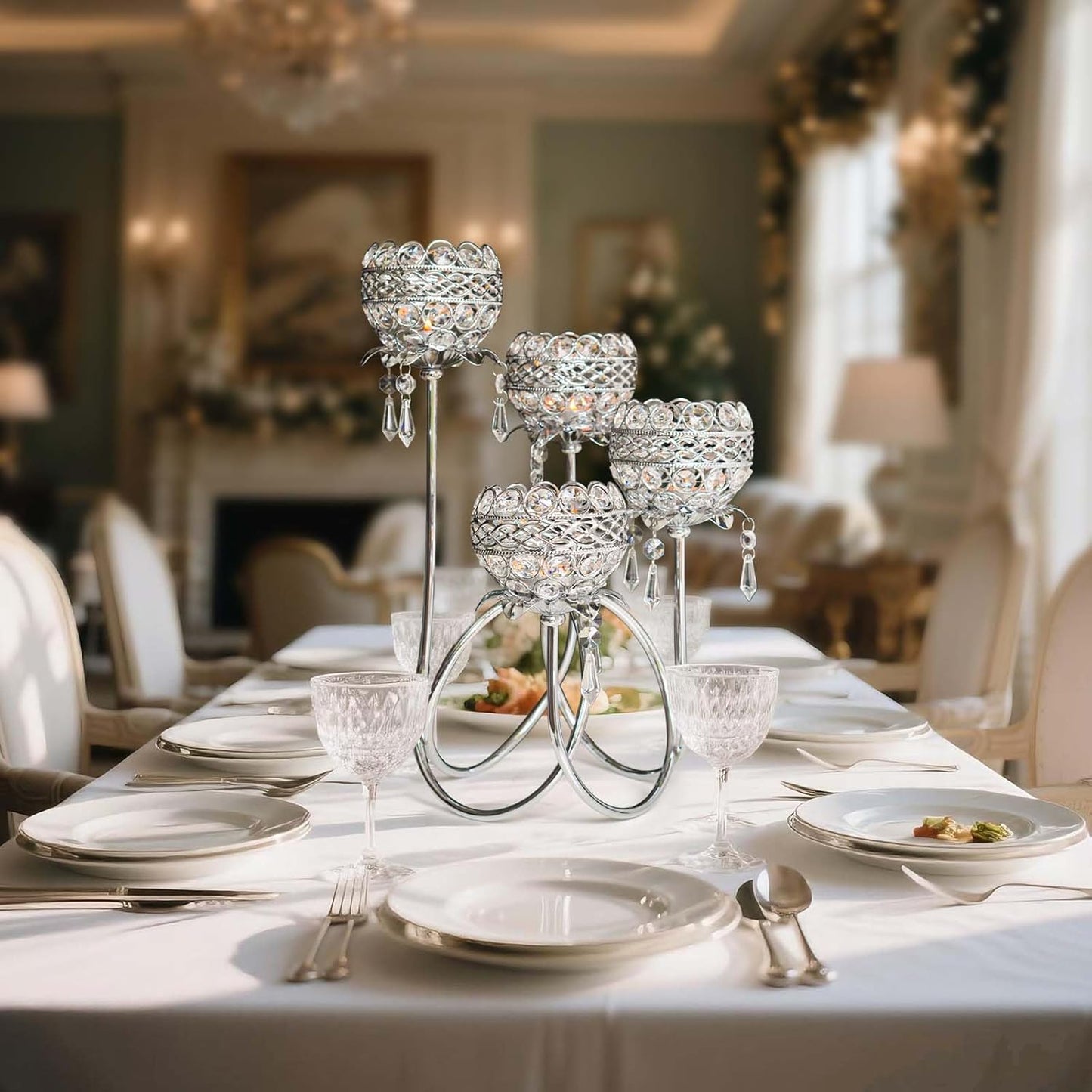 4 Arms Crystal Candelabra Tealight Holder - Tall 15.7 Inch Elegant Centerpiece with Crystal Pendant Bowls & Artistic Metal Stand for Wedding, Dining Table, Home Decor (1, Silver)