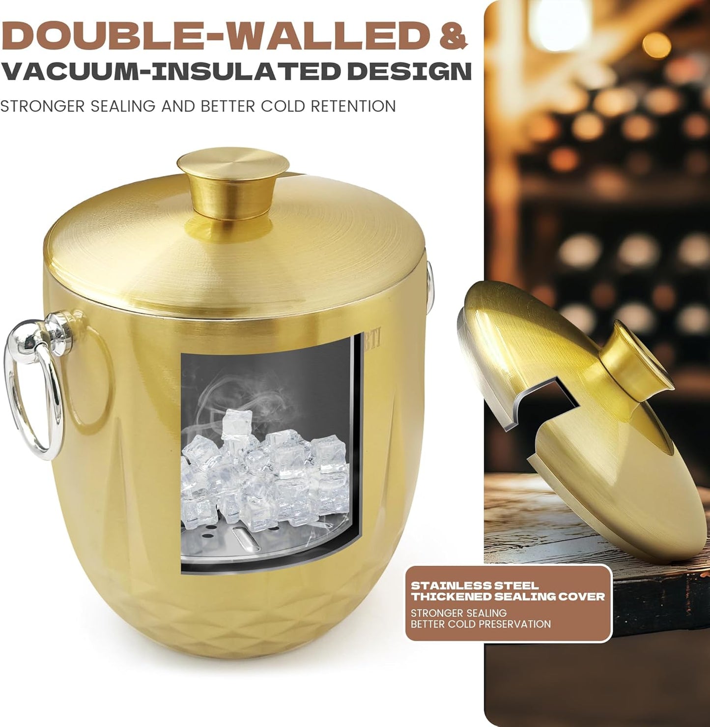 Ice Buckets for Parties with Lid,Tongs and Strainer (3L/Gold) Double Wall Stainless Steel Ice Bucket Keeps Frozen Longer,Ideal Perfect for Parties, Cocktail bar, Chilling Wine, Champagne