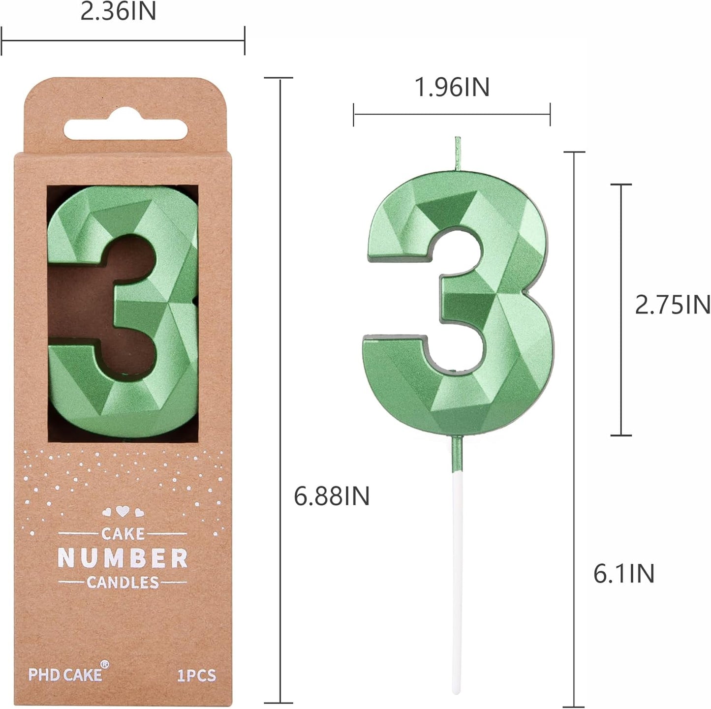 PHD CAKE 2.76 Inch Crystal Green 3 Number Cake Candle, Numeral Birthday Candles, Green Number Candles, Party Celebration