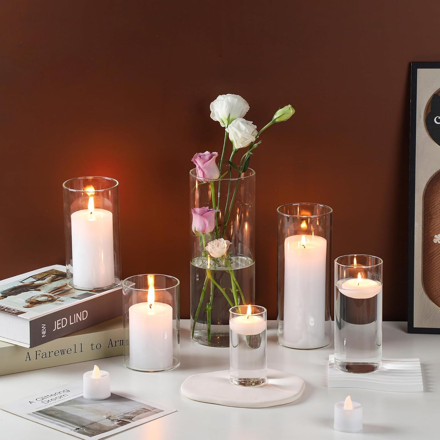 UDU 4 Pack Glass Cylinder Vases for Centerpiece, Clear Flower Vase Hurricane Floating Candle Holder for Centerpiece Table Wedding Home Decor