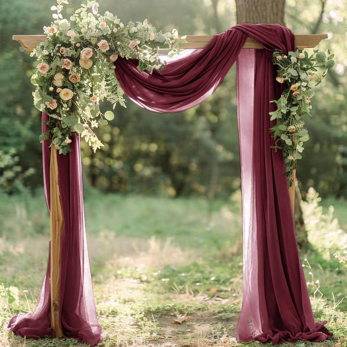 Burgundy Red Fall Thankgiving Elegant Arch Draping Fabric 2 Panels Outdoor 29" × 20Ft Sheer Chiffon Curtain Drapes for Wedding Ceremony Birthday Party Garden Brunch
